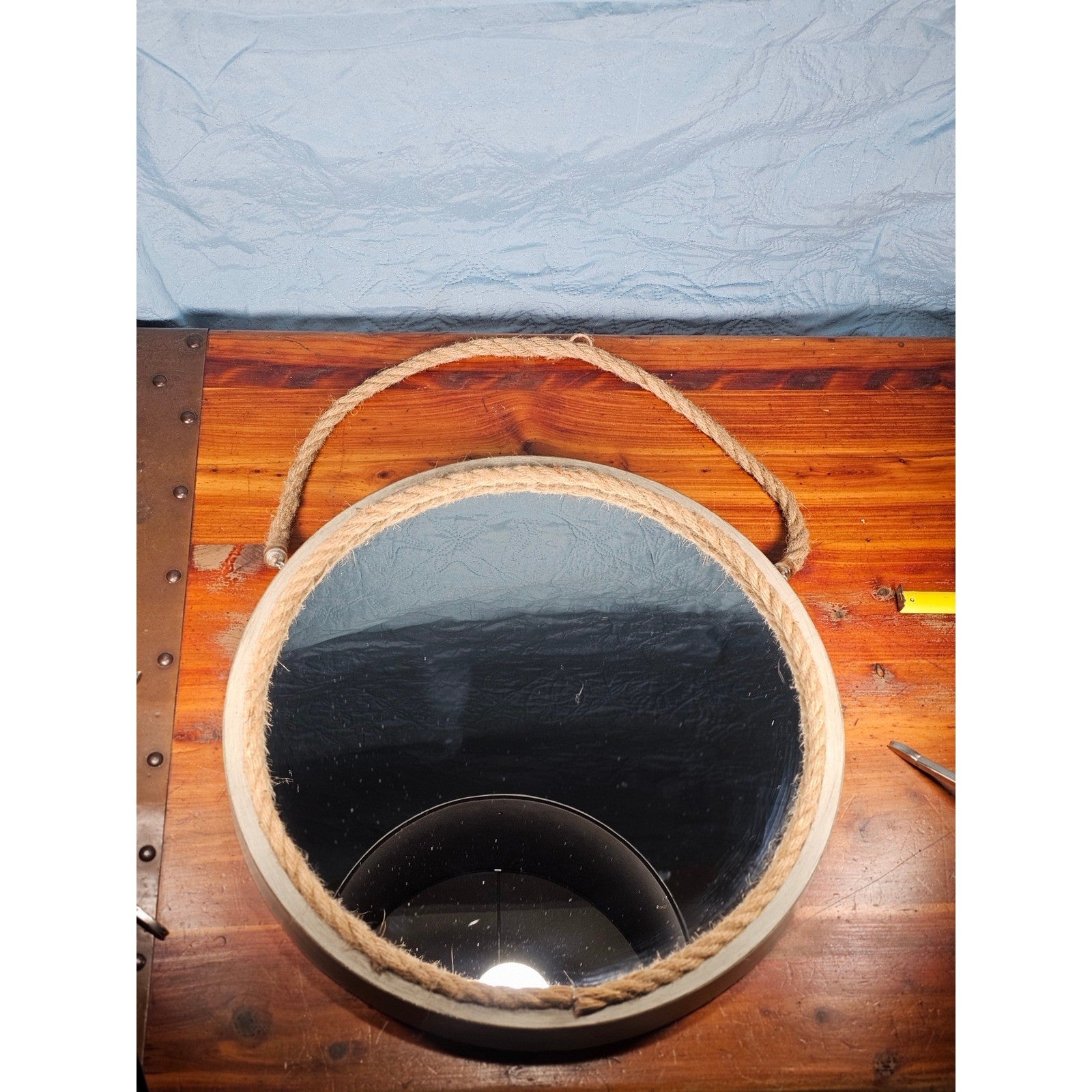 Vintage Round Rope Mirror 16" – Distressed Plastic Frame, Coastal Wall Decor