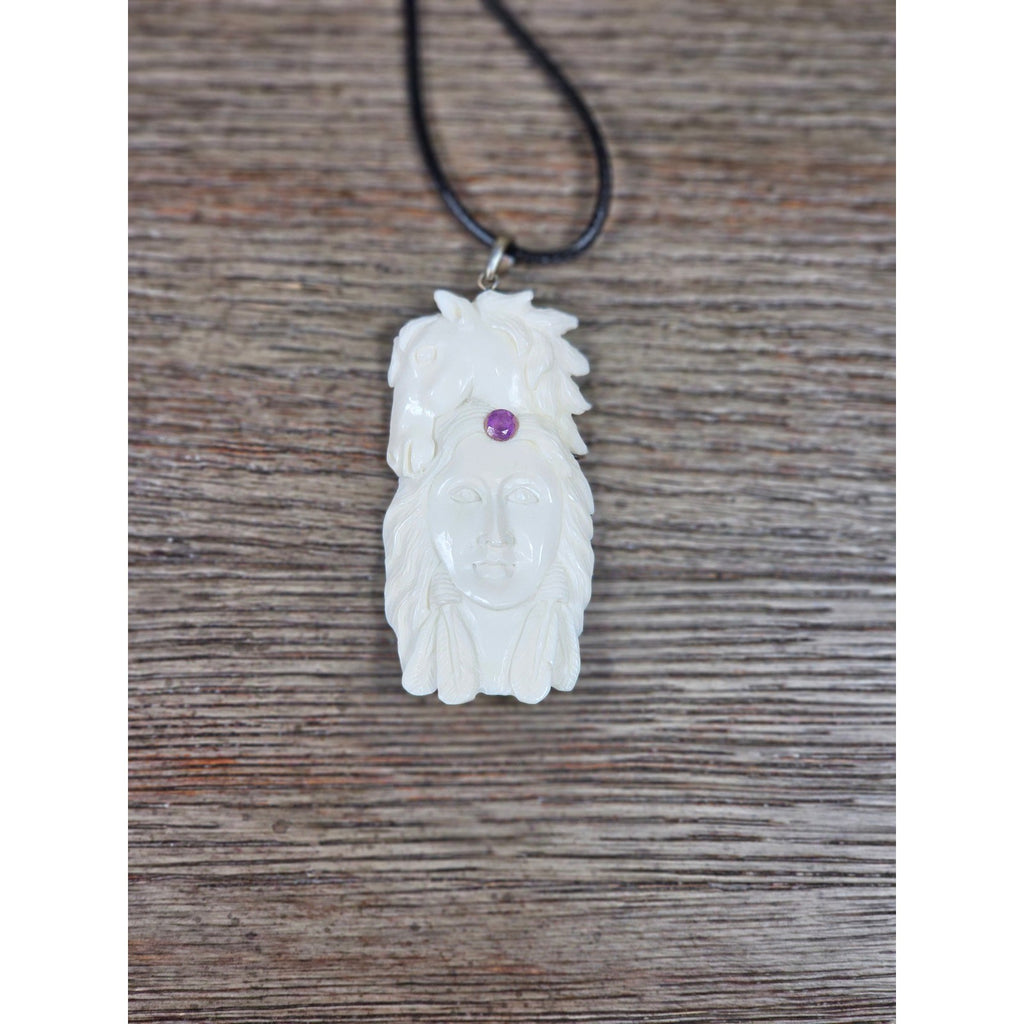 Carved Buffalo Bone Pendant Woman & Horse Motif 3x1 Inch Statement Necklace