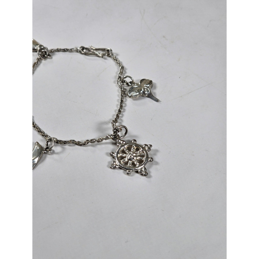 Vintage Silver Charm Bracelet Dolphin Clover Nautical Theme