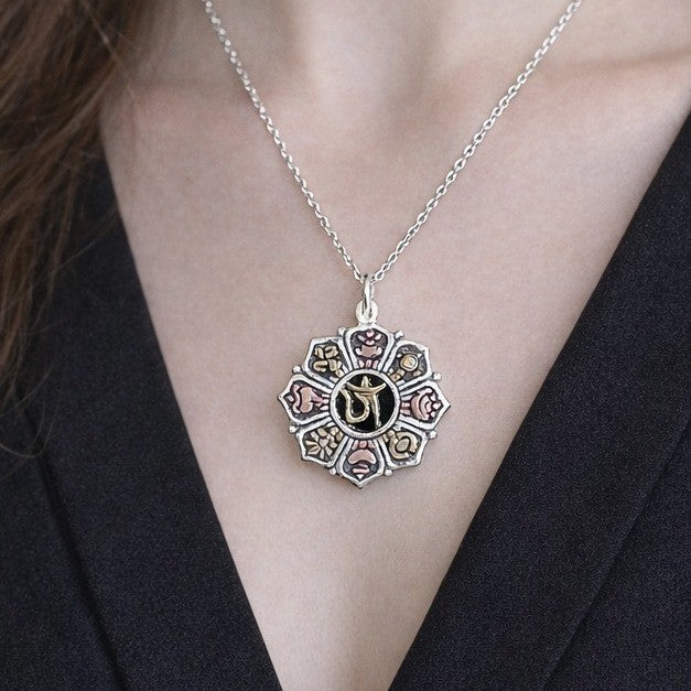 Vintage Om Lotus Pendant Necklace Boho Spiritual Medallion