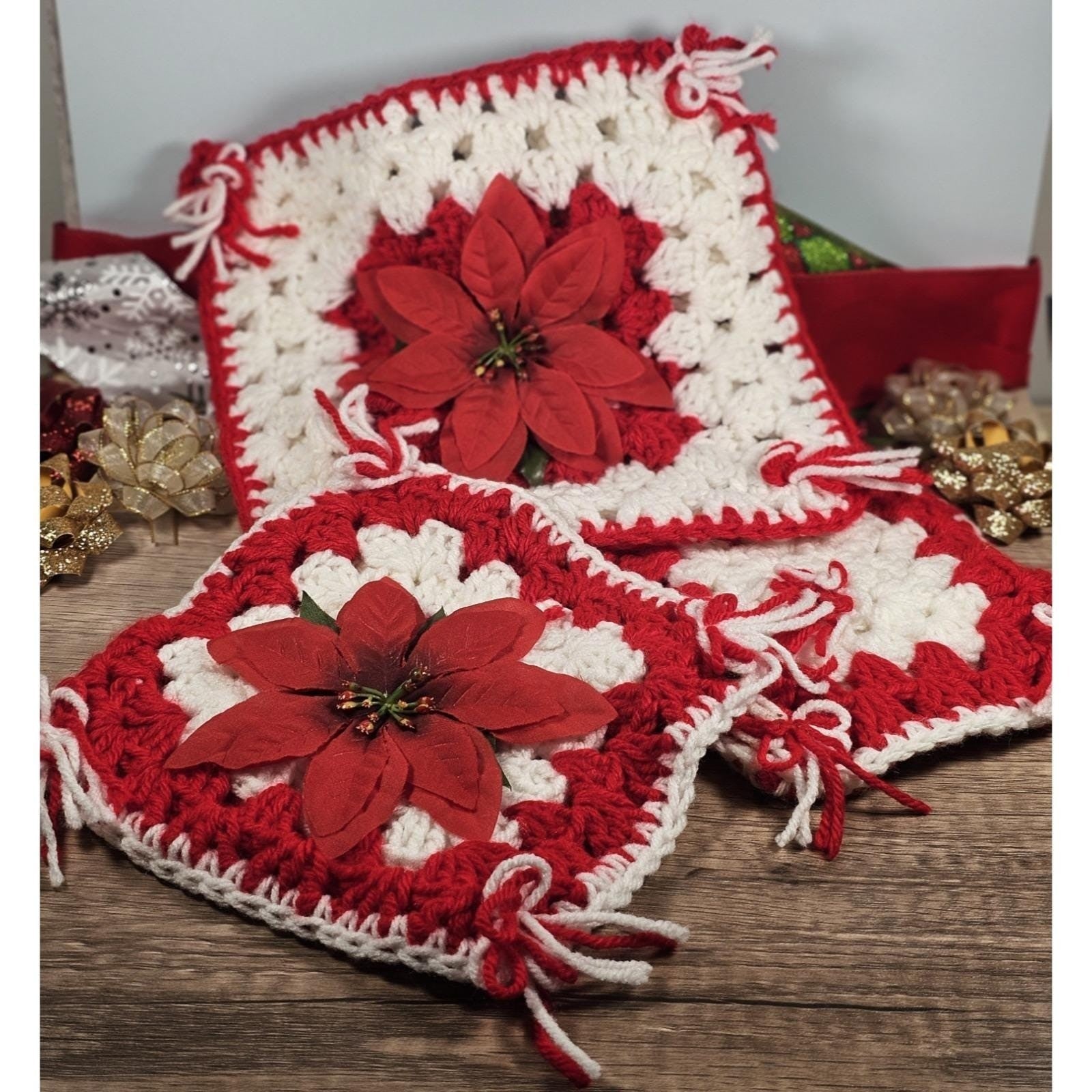 Vintage Crochet Poinsettia Ornaments Set 3 Christmas Decor