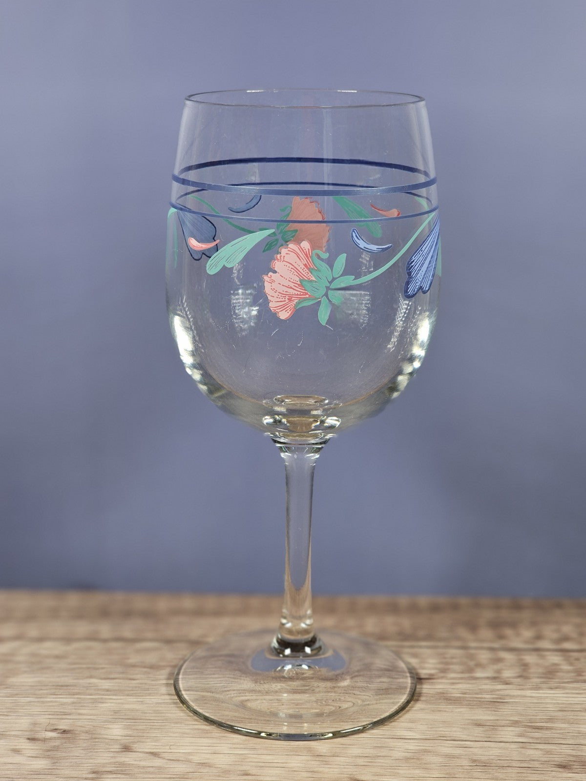 Lenox Poppies On Blue Goblet 10oz Wine Glass With Floral Decal Stemware USA