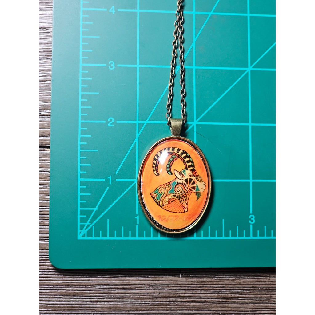 Vintage Oval Art Pendant Necklace Boho Goat Image Brass Tone