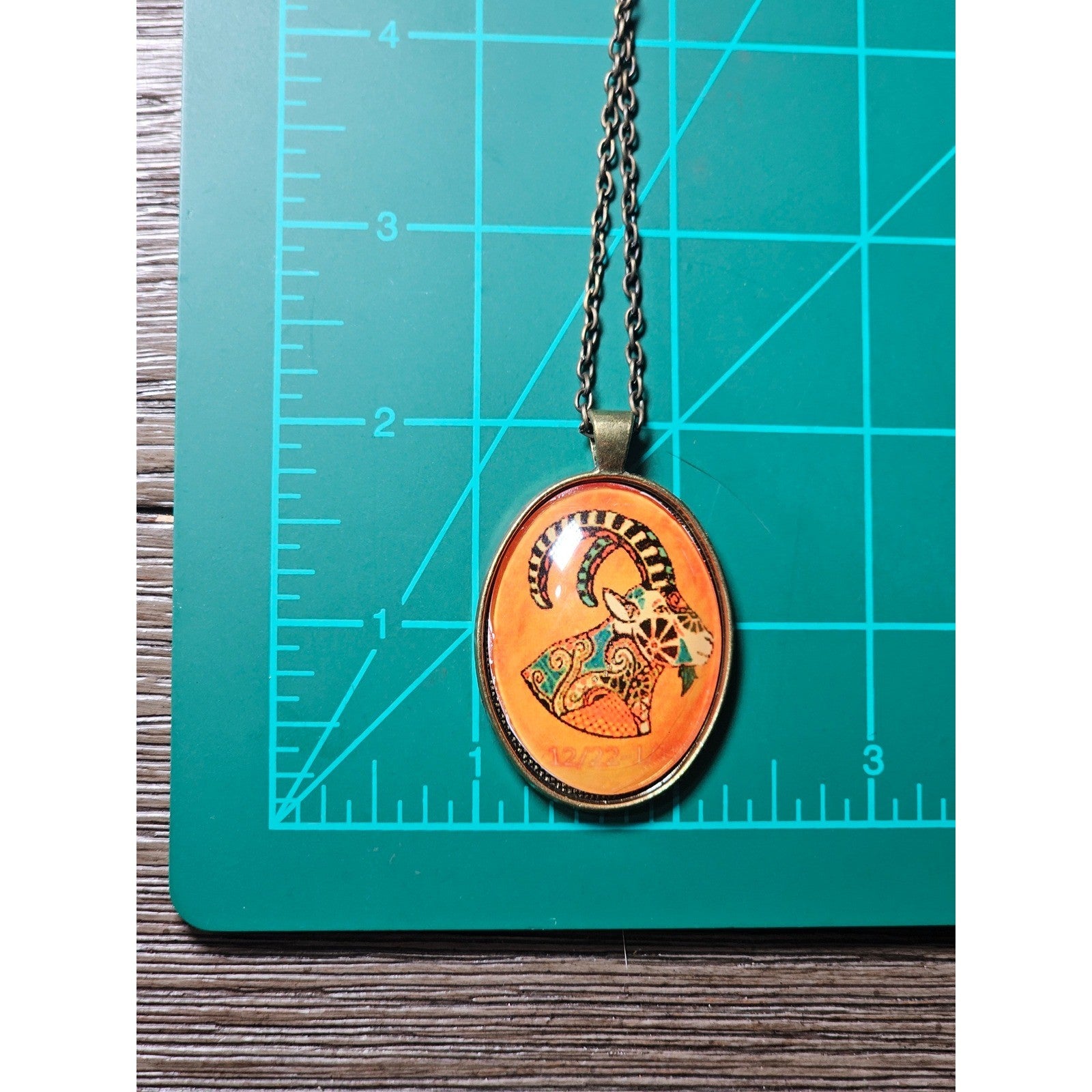 Vintage Oval Art Pendant Necklace Boho Goat Image Brass Tone