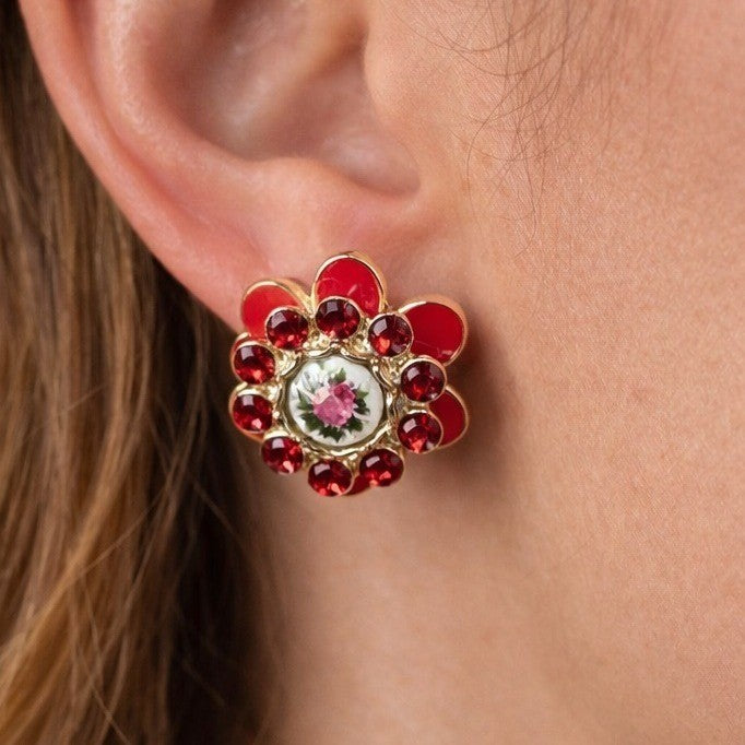 Vintage Red Floral Enamel Rhinestone Stud Earrings Gold Tone