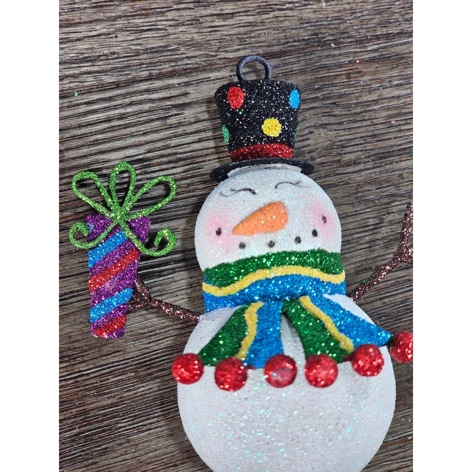 Vintage Glitter Snowman Christmas Ornament Holding Gift