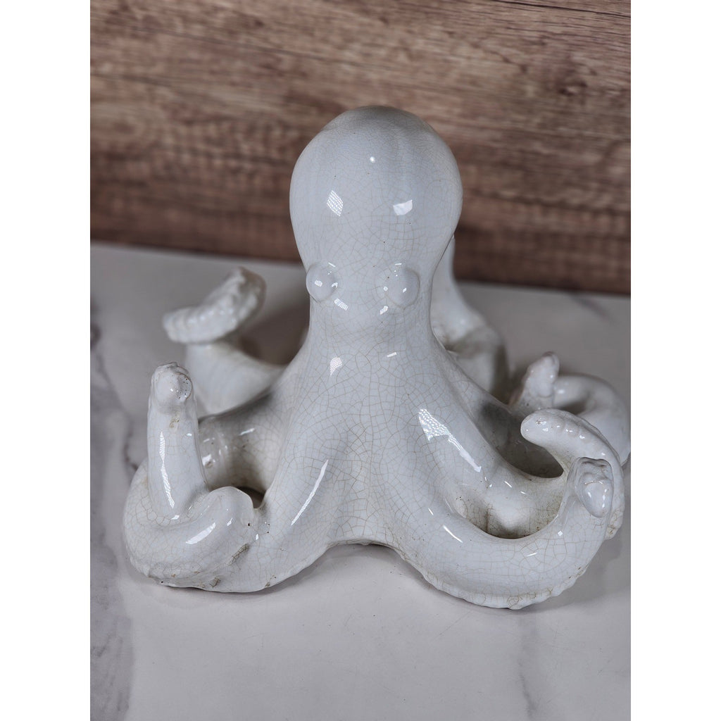 White Crackle Glaze Ceramic Octopus Figurine Nautical Coastal Home Decor Accent