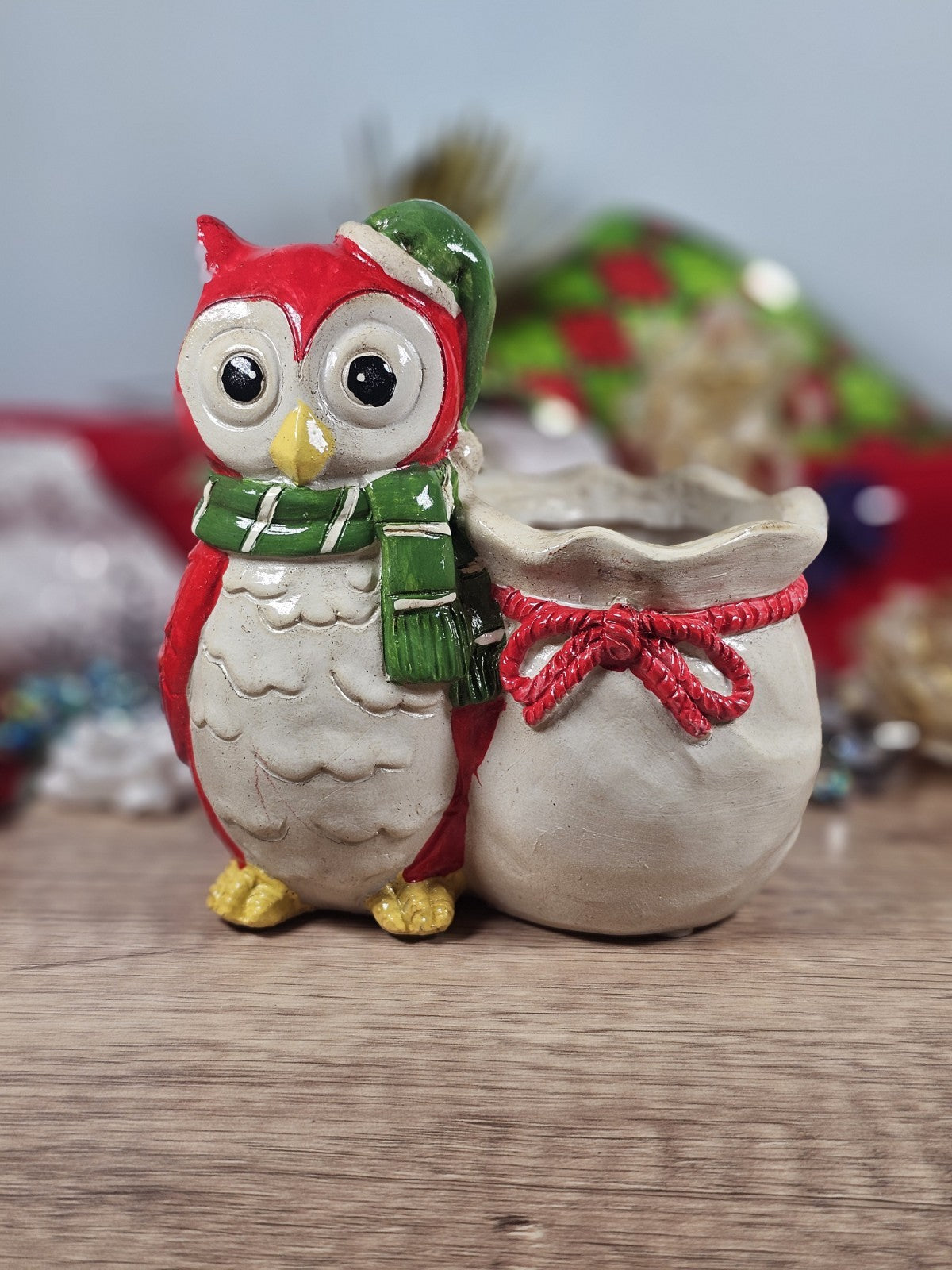Vintage Christmas Owl Planter Figurine  80s Red Festive Decor  5.5" x 5" Fibergl