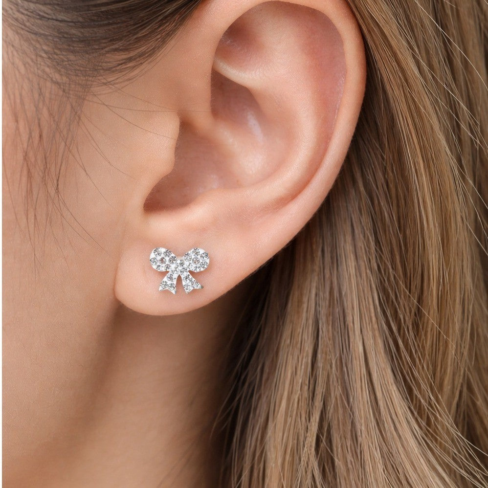 Vintage Rhinestone Bow Stud Earrings Silver Tone