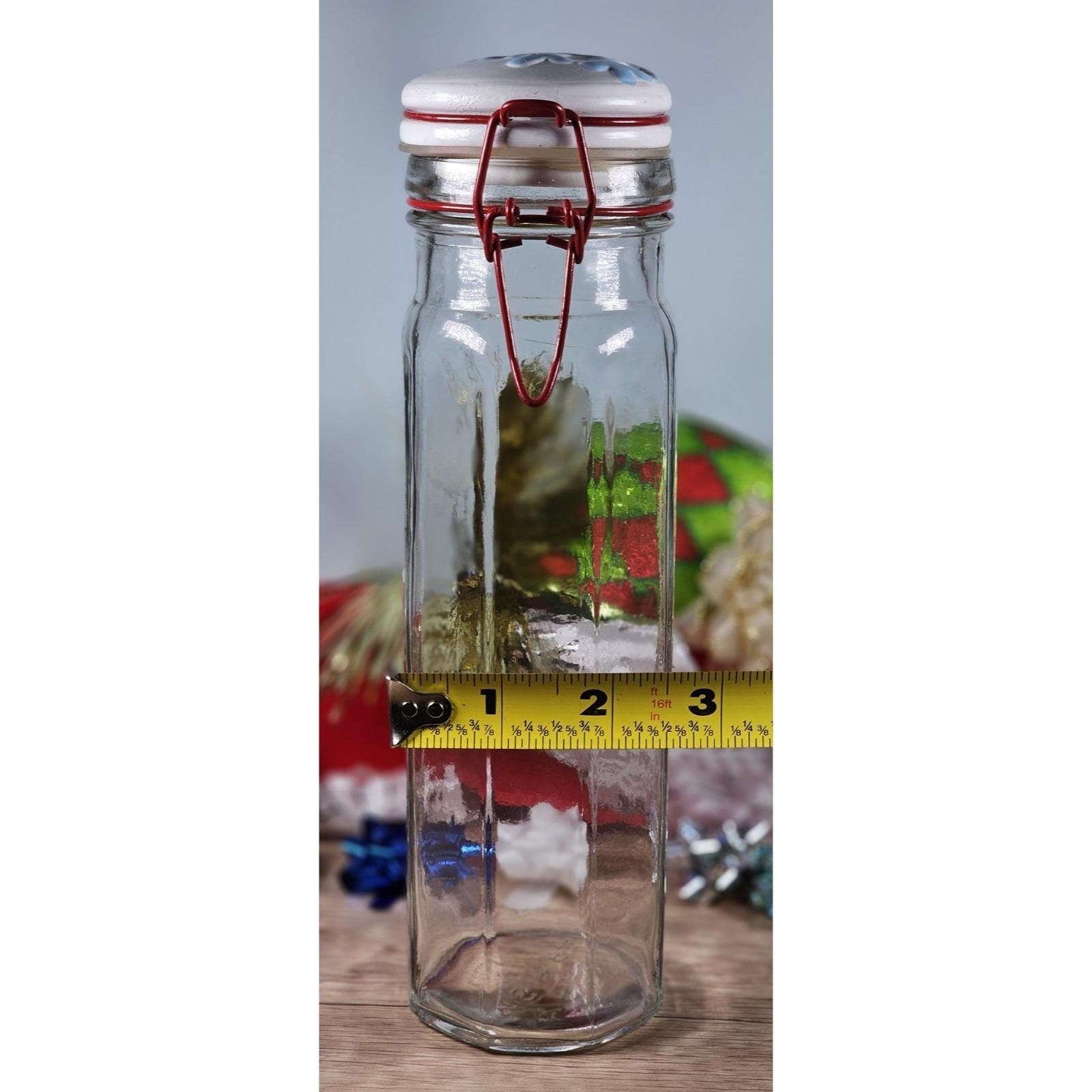 Vintage Glass Storage Jar Red Clamp Lid Snowflake Top 9 Inch