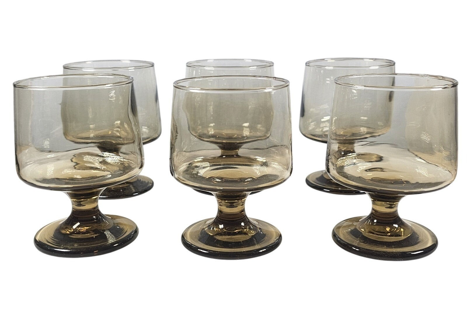 Set Of 6 Mid Century Modern Smokey Glass Footed Cocktail Whiskey Wine Goblets