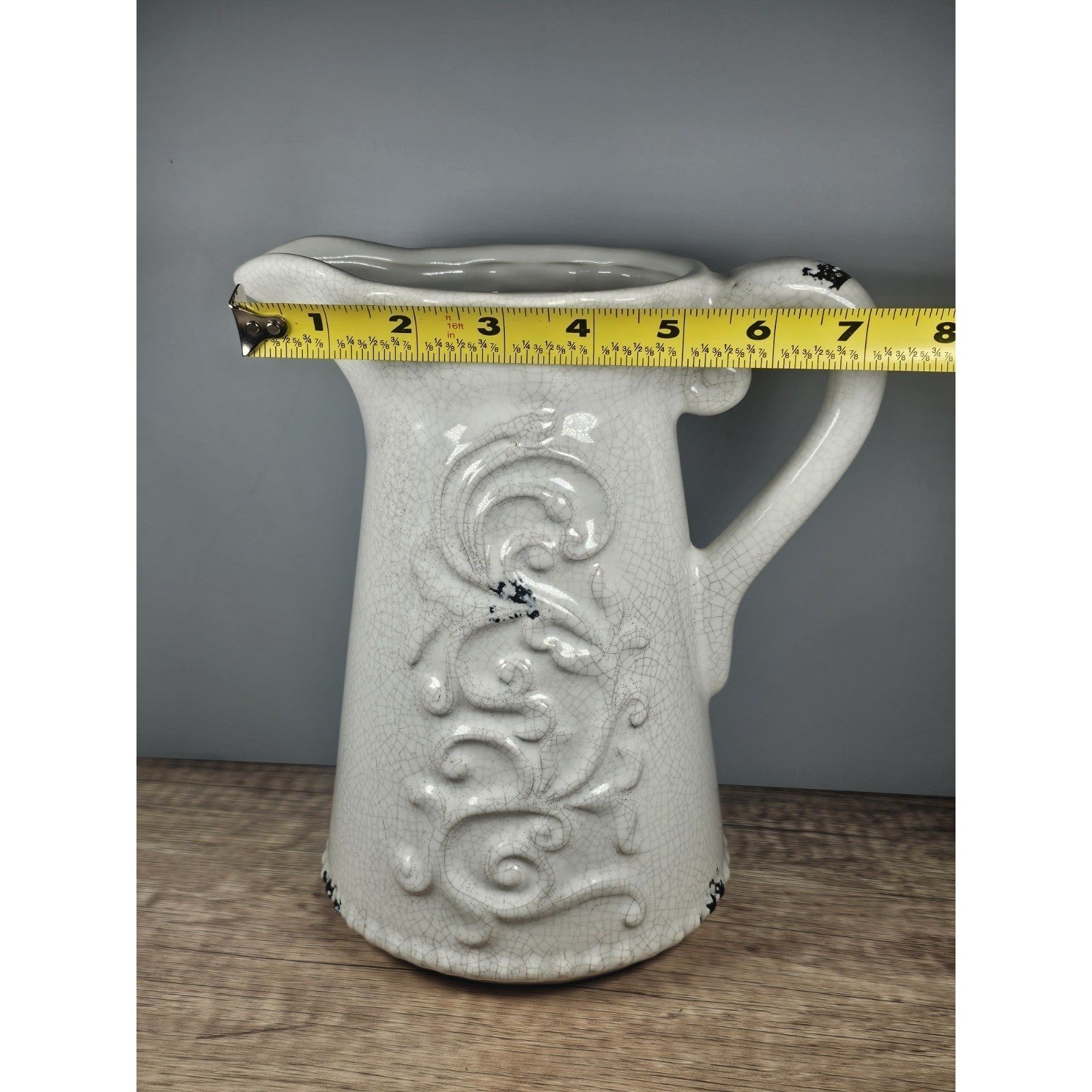 Vintage White Crackle Pitcher Art Nouveau Style Ceramic Vase 9 Inch