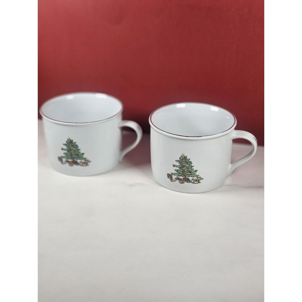 Vintage Tienshan Christmas Tree Mugs Set of 2 Porcelain Holiday Cups