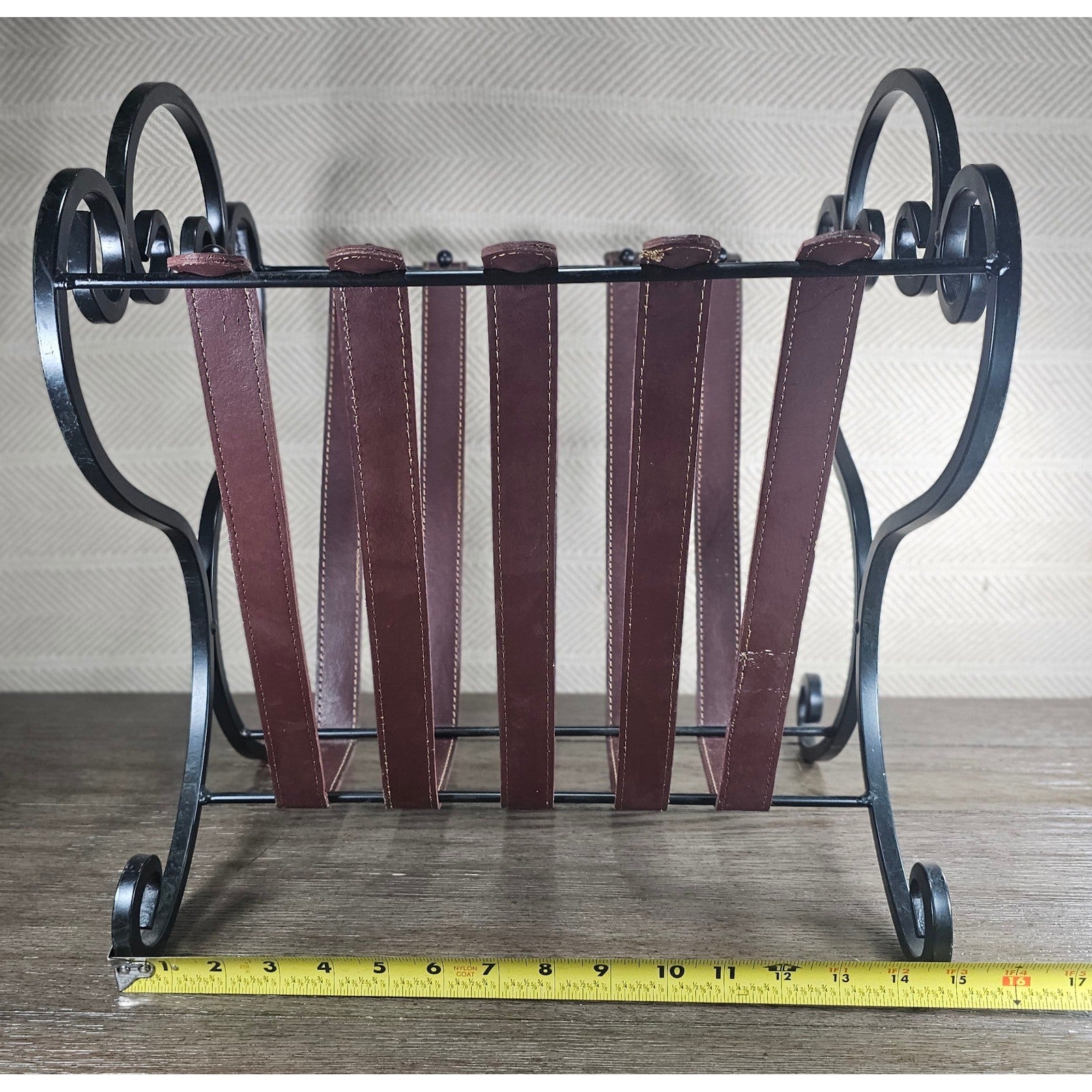 Vintage Iron & Leather Magazine Rack 16" Tall Rustic Book Holder