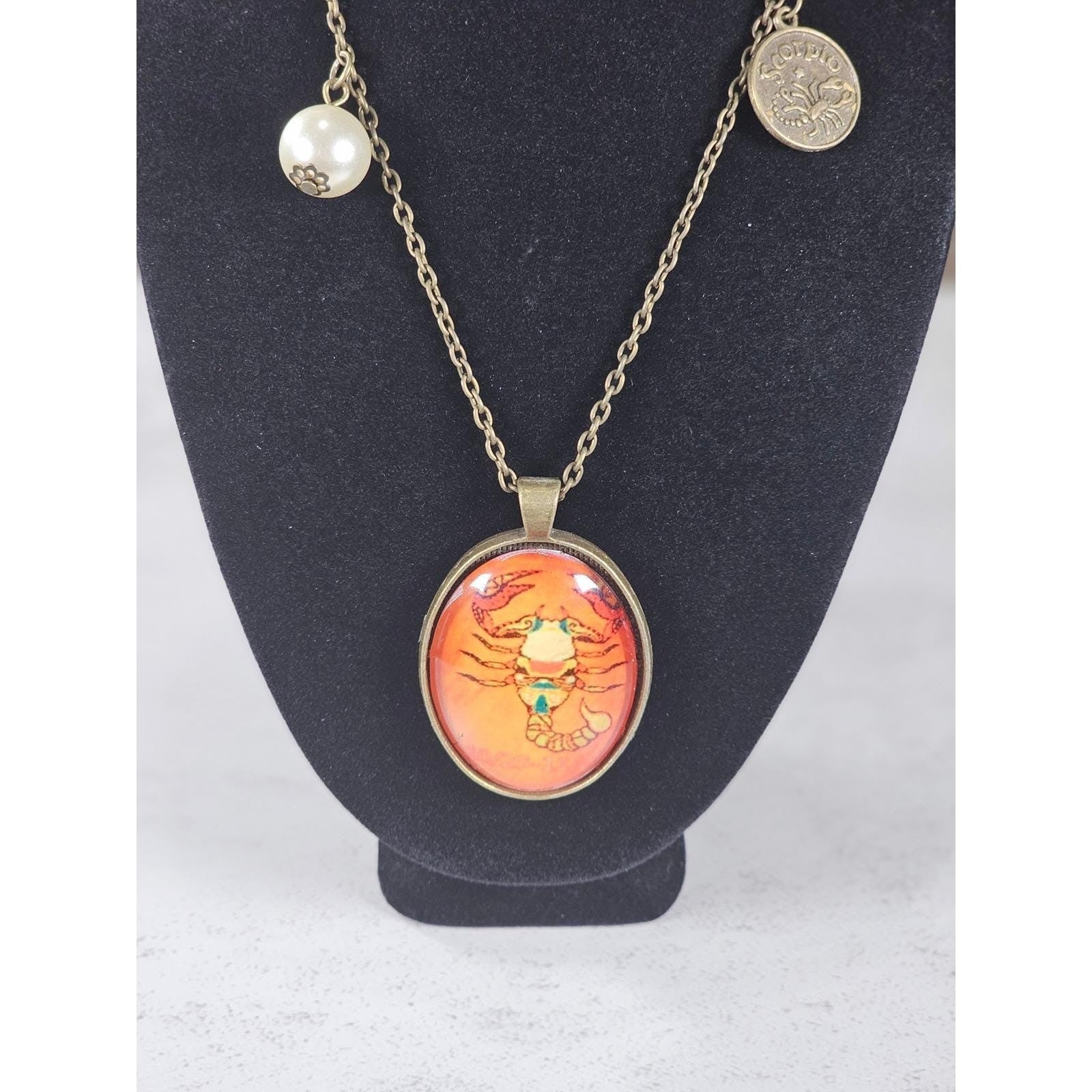 Vintage Scorpio Pendant Necklace Zodiac Cameo Oval Cabochon