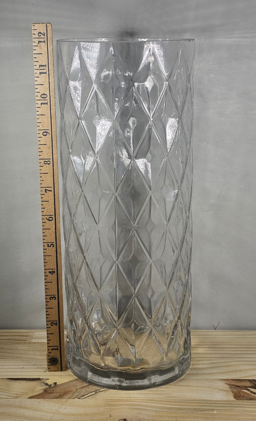 12" Glass Diamond-Cut Cylinder Vase – Vintage Clear Textured Centerpiece