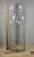 12" Glass Diamond-Cut Cylinder Vase – Vintage Clear Textured Centerpiece