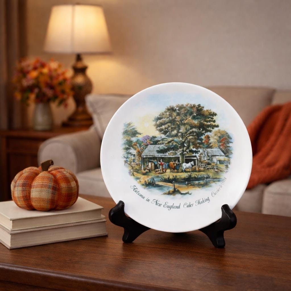 Vintage Currier & Ives Autumn Rural Scene Plate 6.5" Horse Barn Art