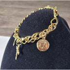 Vintage Gold Tone Religious Charm Bracelet Cross Medal Coin