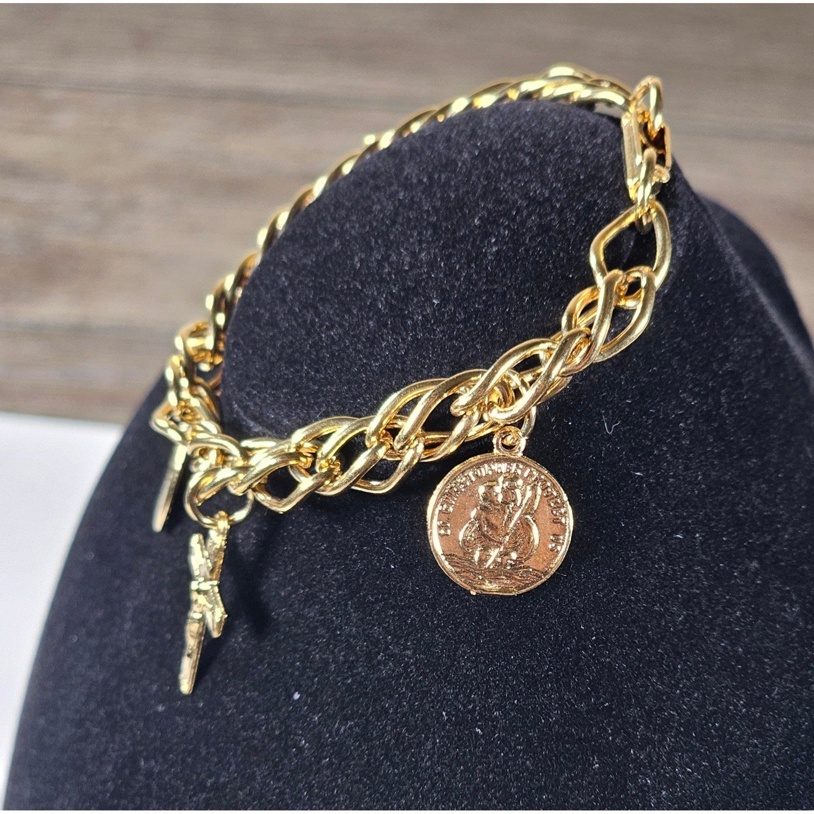 Vintage Gold Tone Religious Charm Bracelet Cross Medal Coin