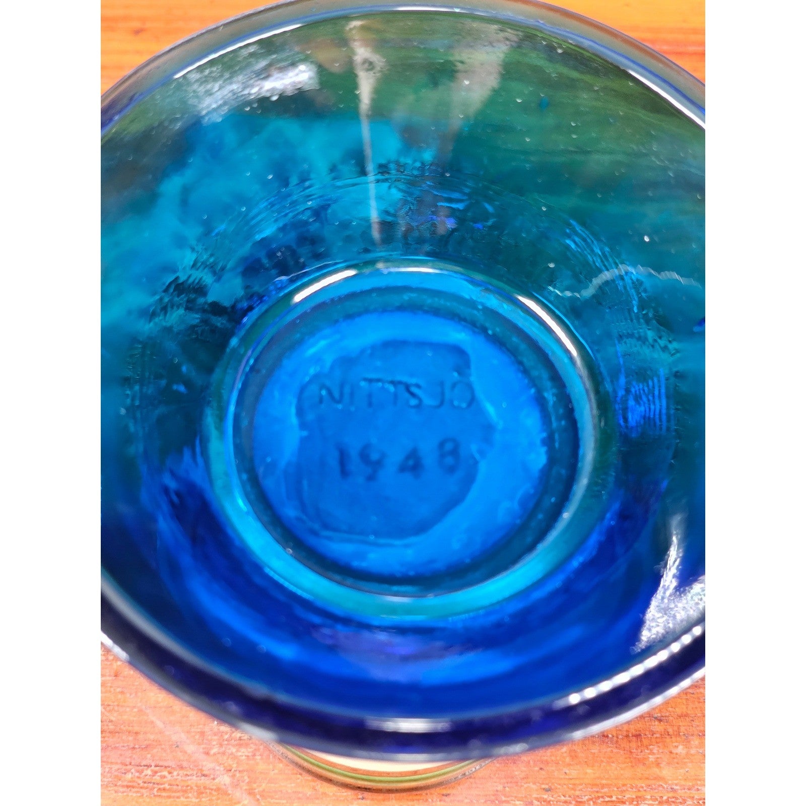 Vintage Nittsjo Sweden Egg Cup Blue Glass Base Hand Painted Ceramic Top