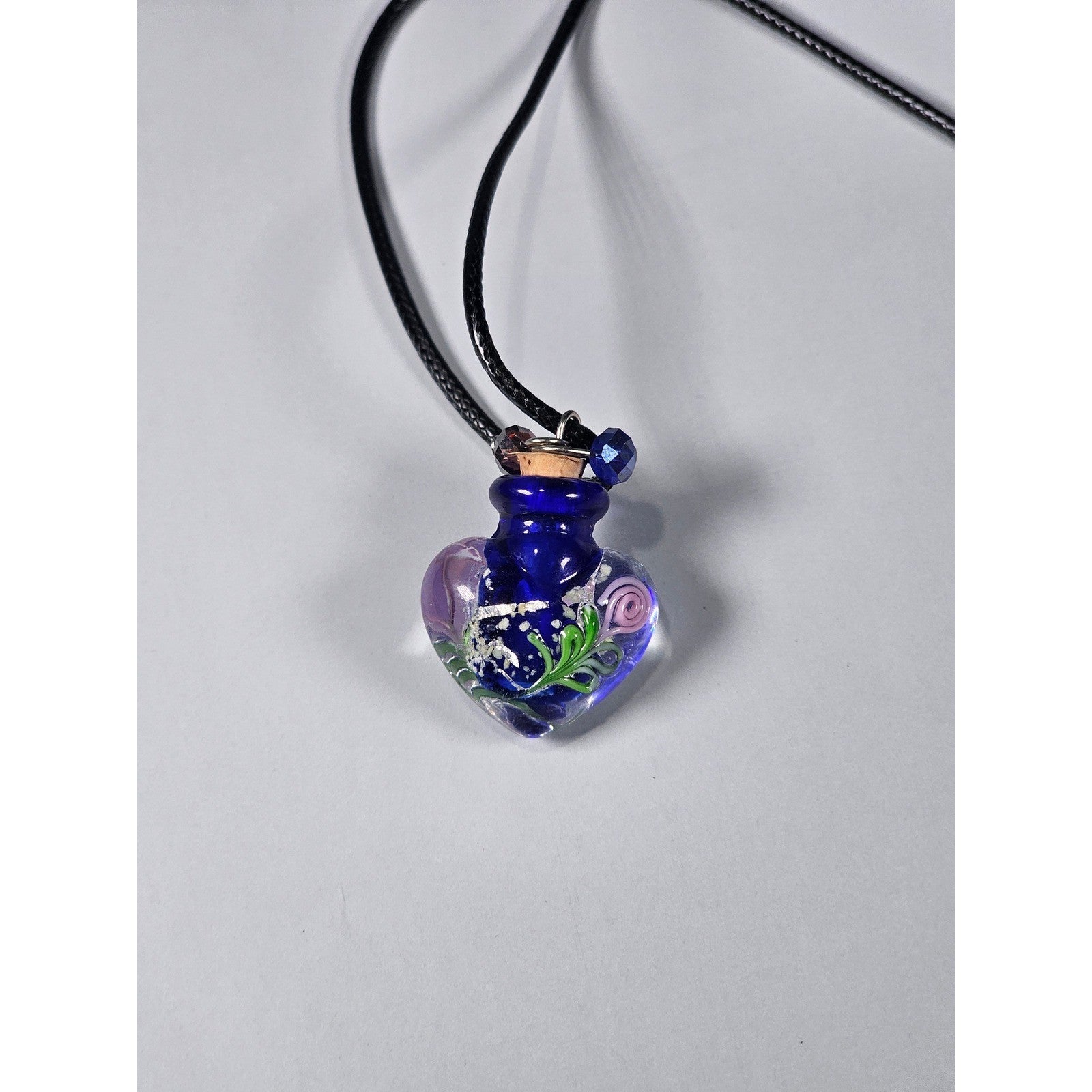 Vintage Glass Heart Vial Necklace Blue Hand Blown Art Glass Pendant