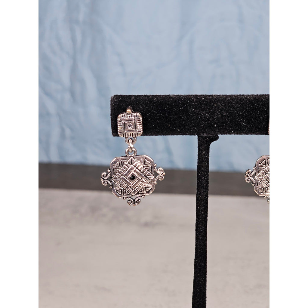 Vintage Silver Tone Geometric Drop Earrings Pierced Statement Dangles