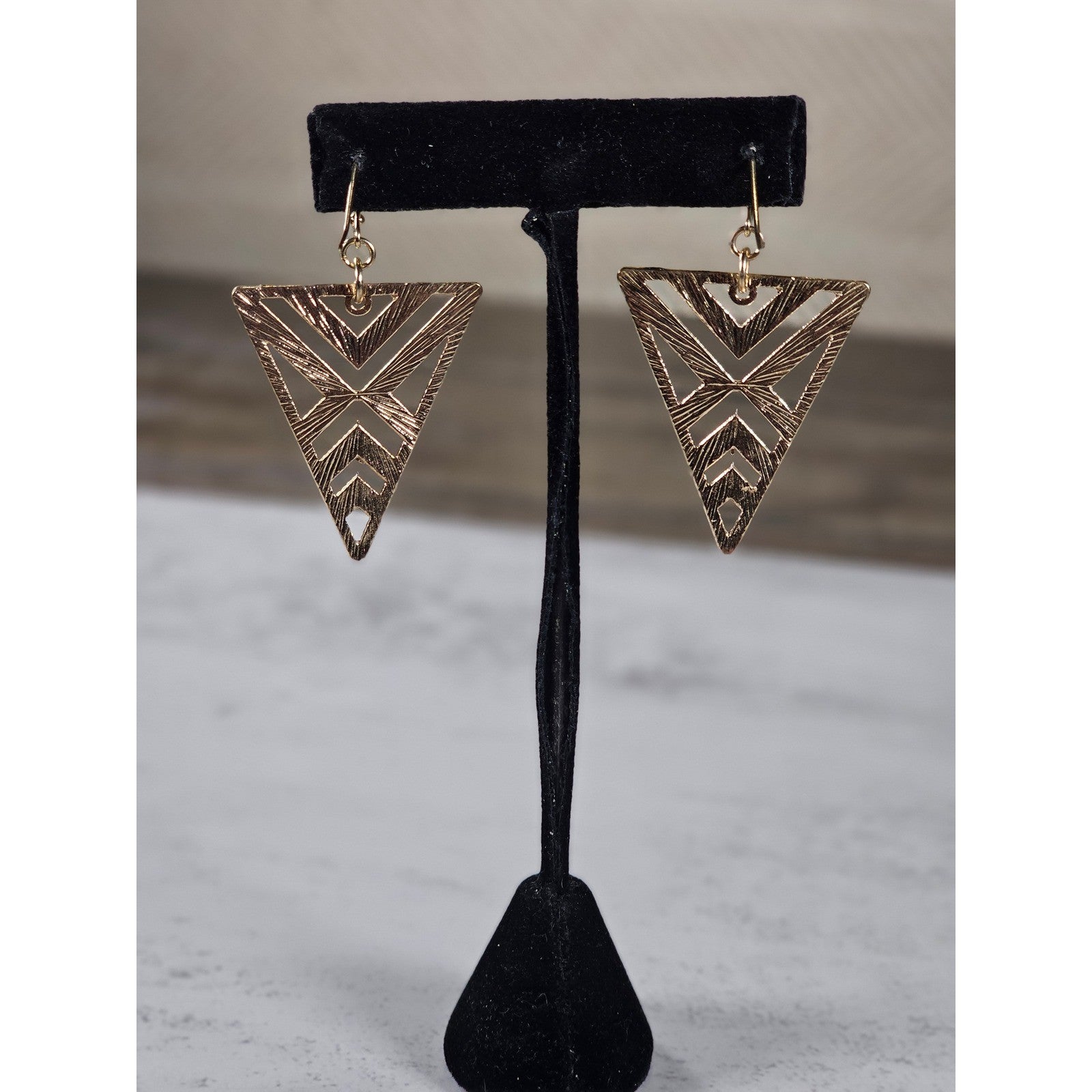 Gold Tone Red Rhinestone Triangle Dangle Earrings Geometric