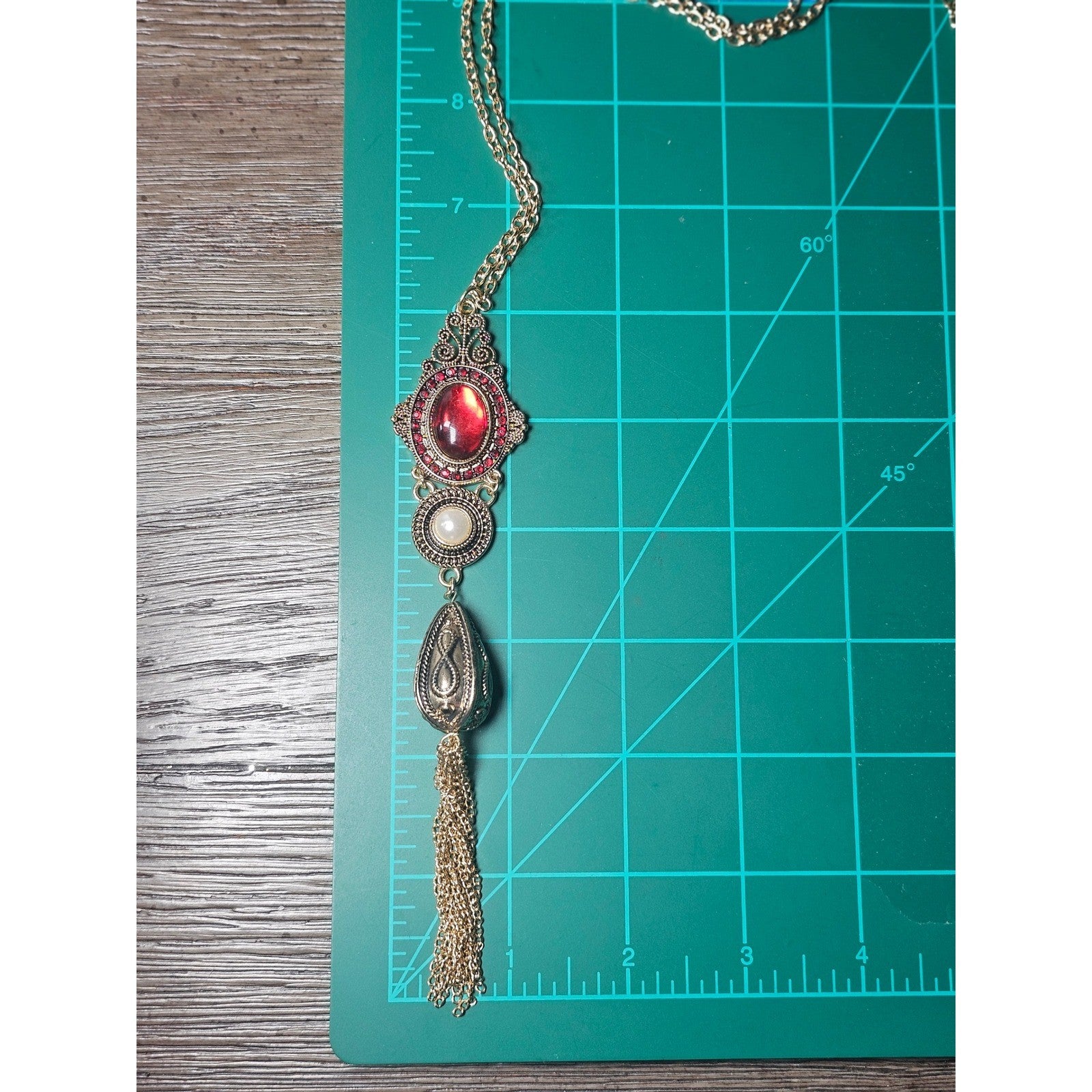 Vintage Gold Tone Red Cabochon Necklace with Faux Pearl Tassel Pendant