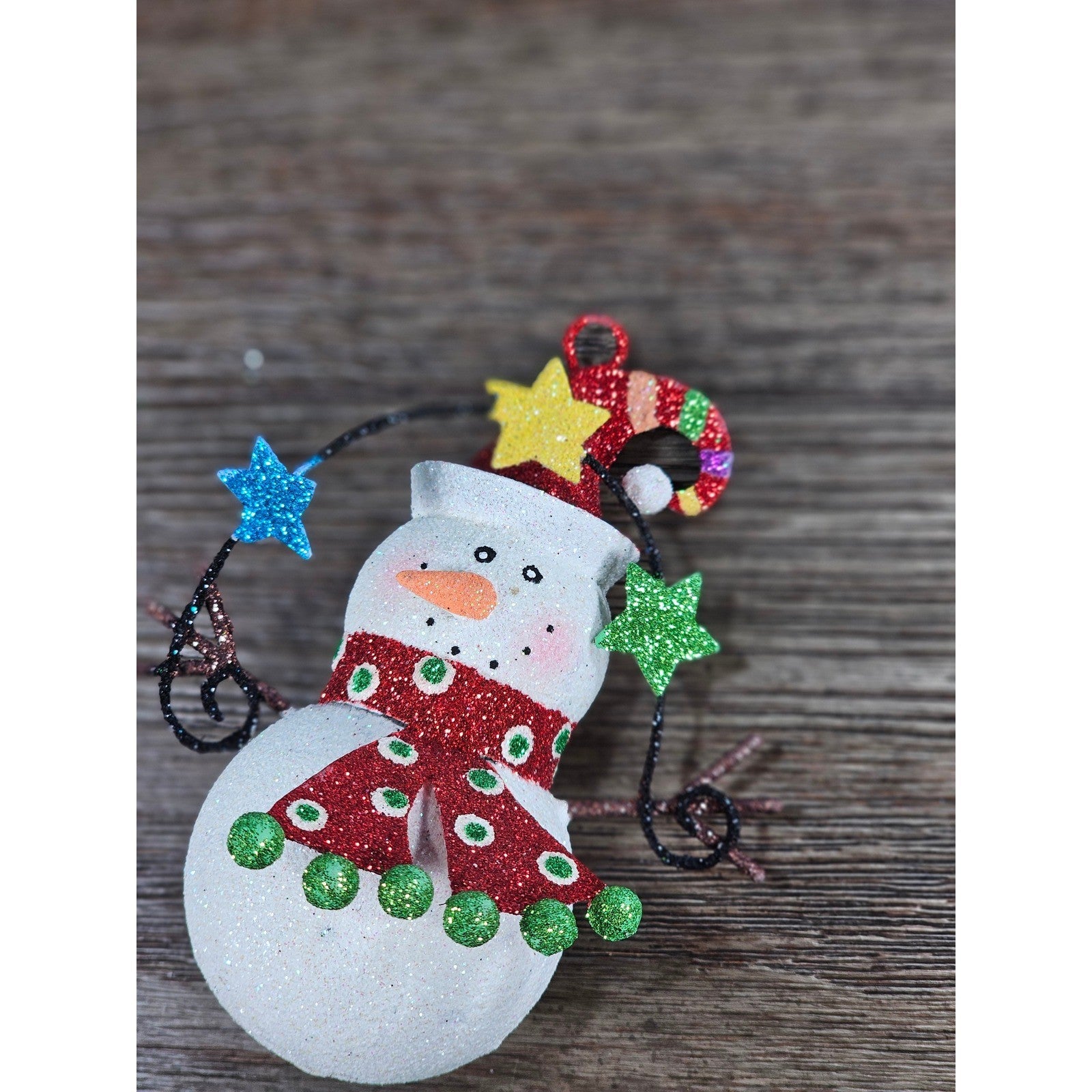 Vintage Glitter Snowman Christmas Ornament with Colorful Star Garland
