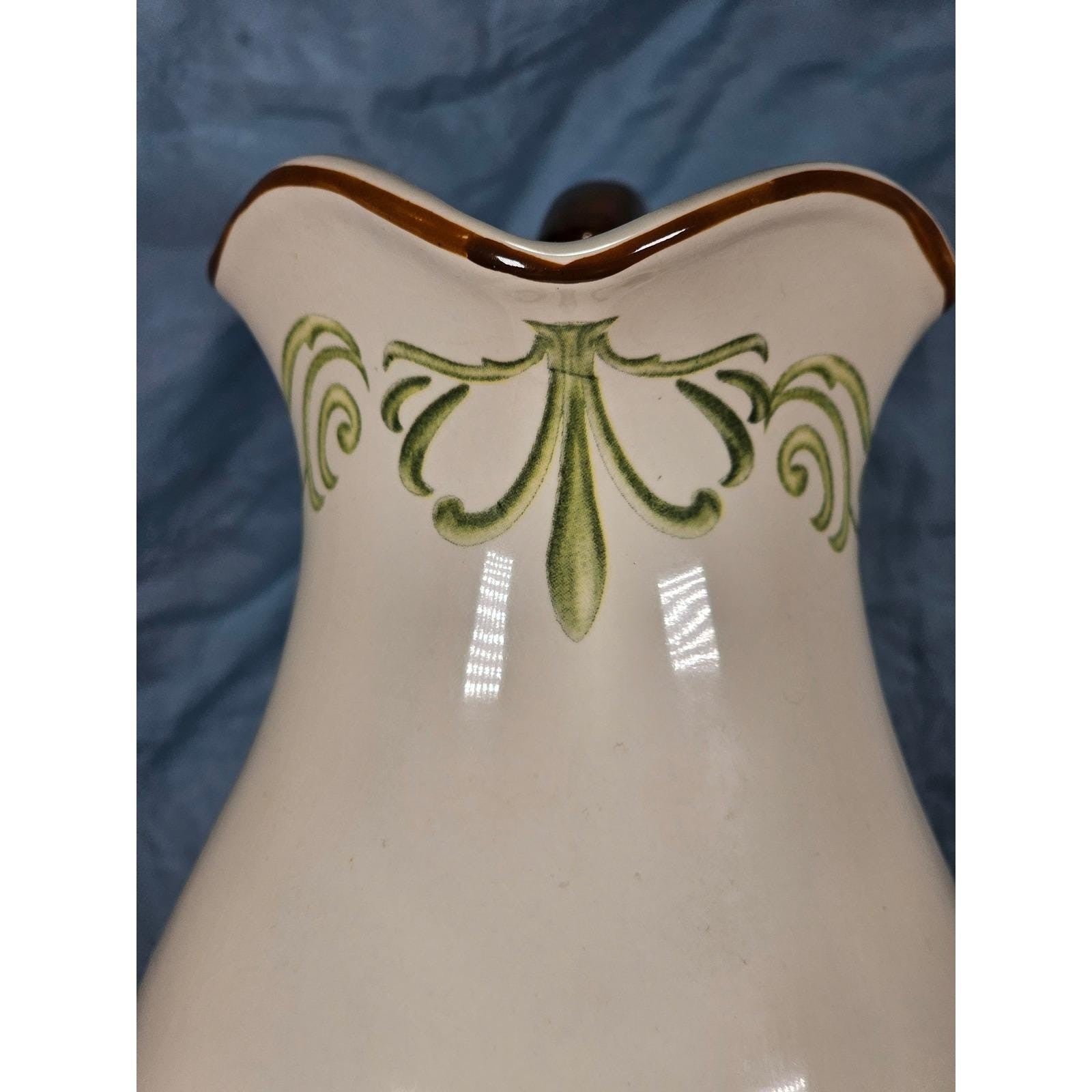 Vintage Ceramic Pitcher Cream Floral Green Brown Handle Holiday Petaluma