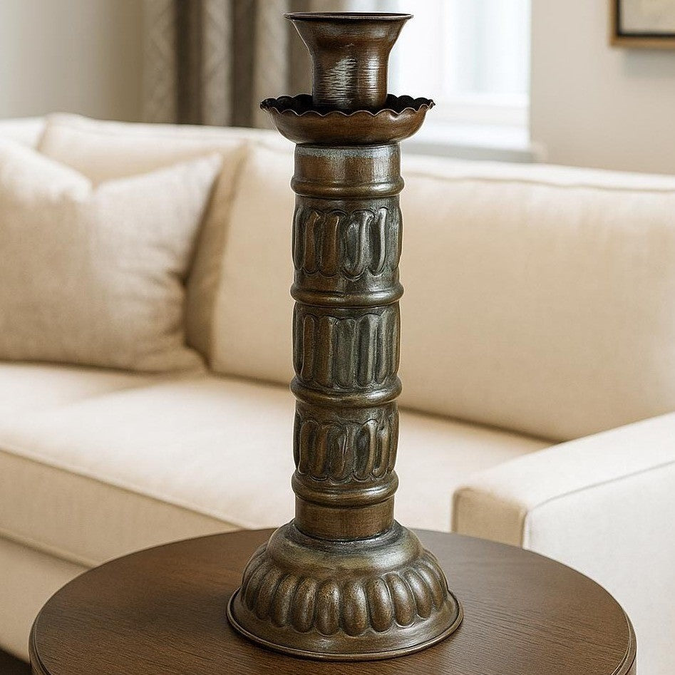 Antique Tinned Copper Candlestick Holder 12" Embossed Design