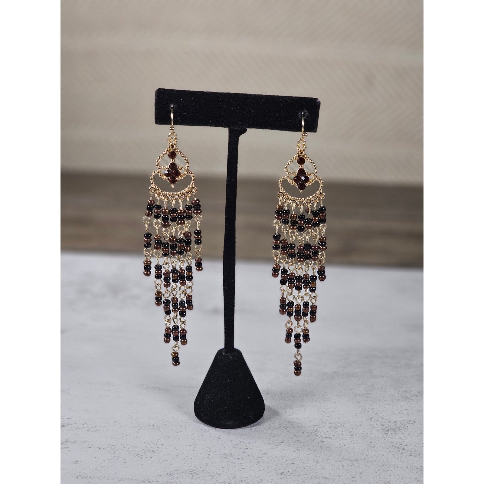 Vintage Gold Tone Beaded Chandelier Earrings Brown Black Dangle