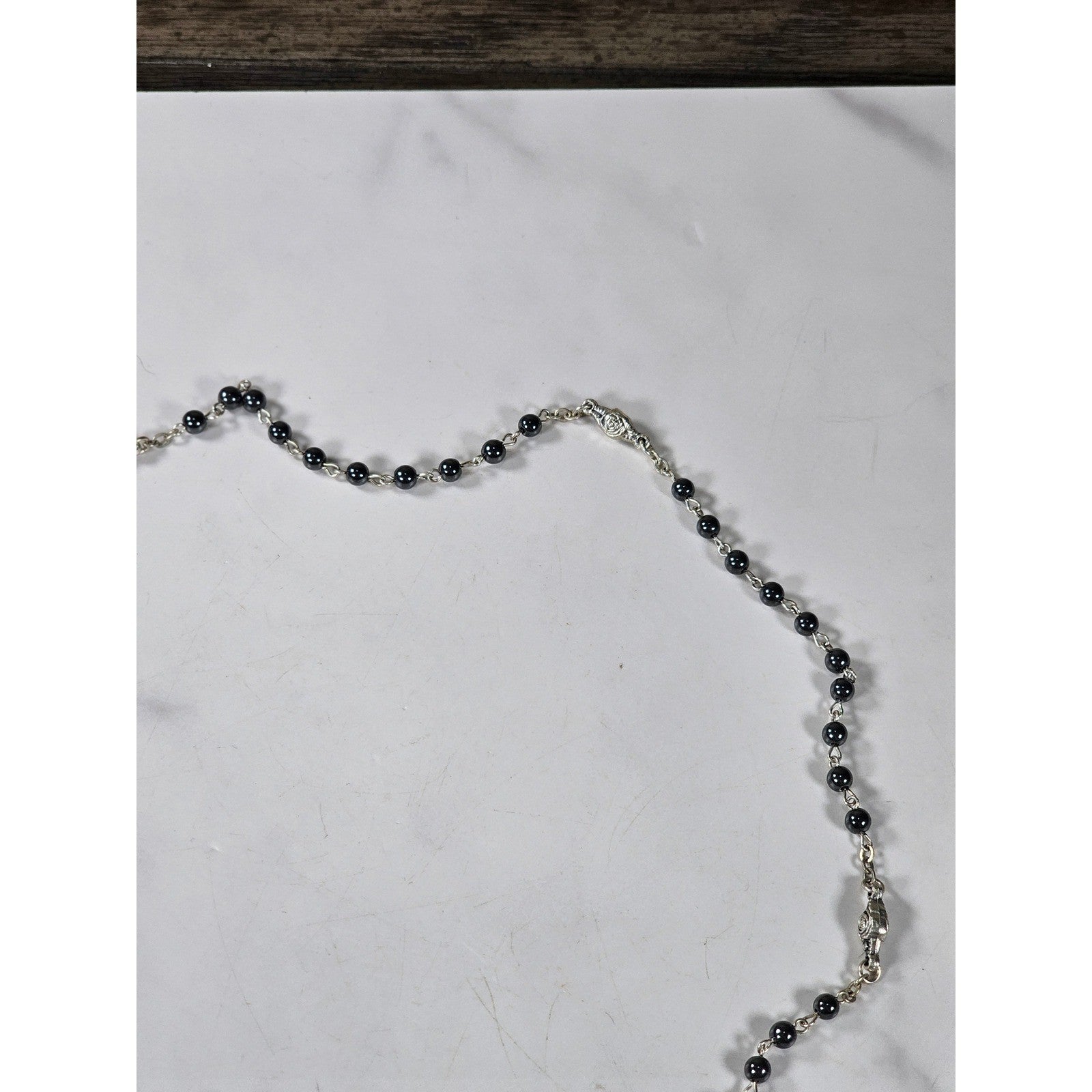 Vintage Black Bead Rosary Necklace Silver Tone Crucifix Catholic