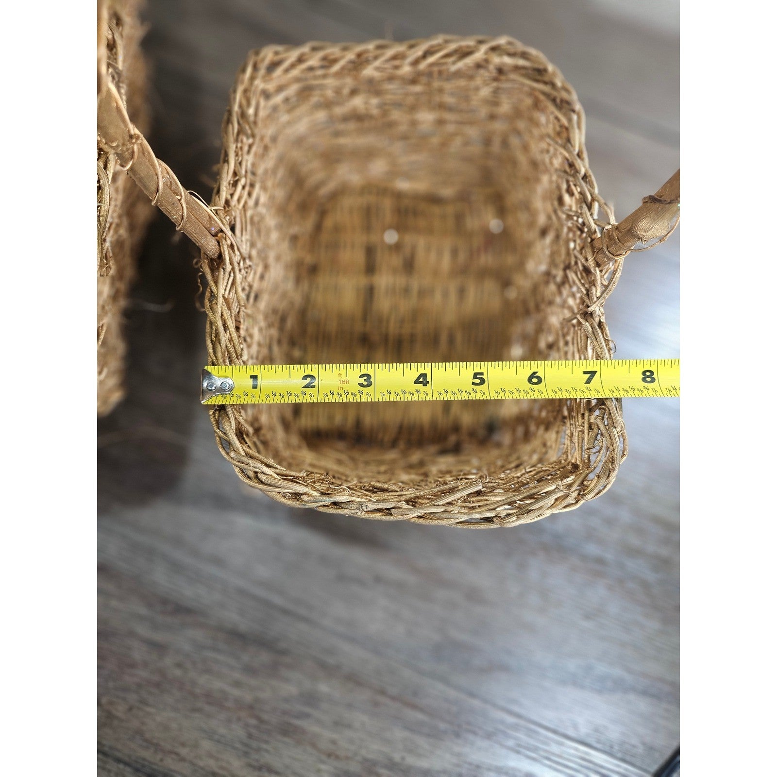 Vintage Gold Wicker Baskets Set of 2 with Handles Glitter Finish Decor