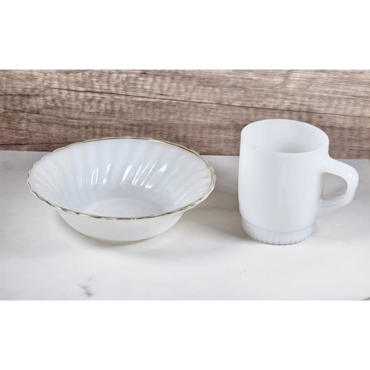 Anchor Hocking Fire-King Milk Glass Mug and Swirl Bowl Set Vintage