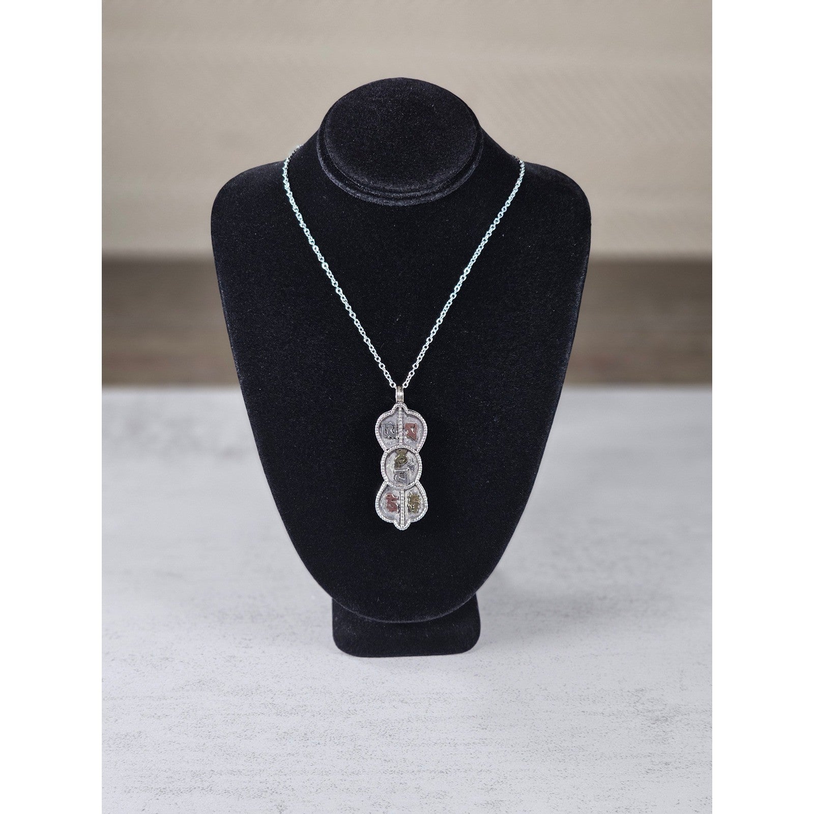 Vintage Mixed Metal Script Pendant Necklace Silver Tone Spiritual Charm