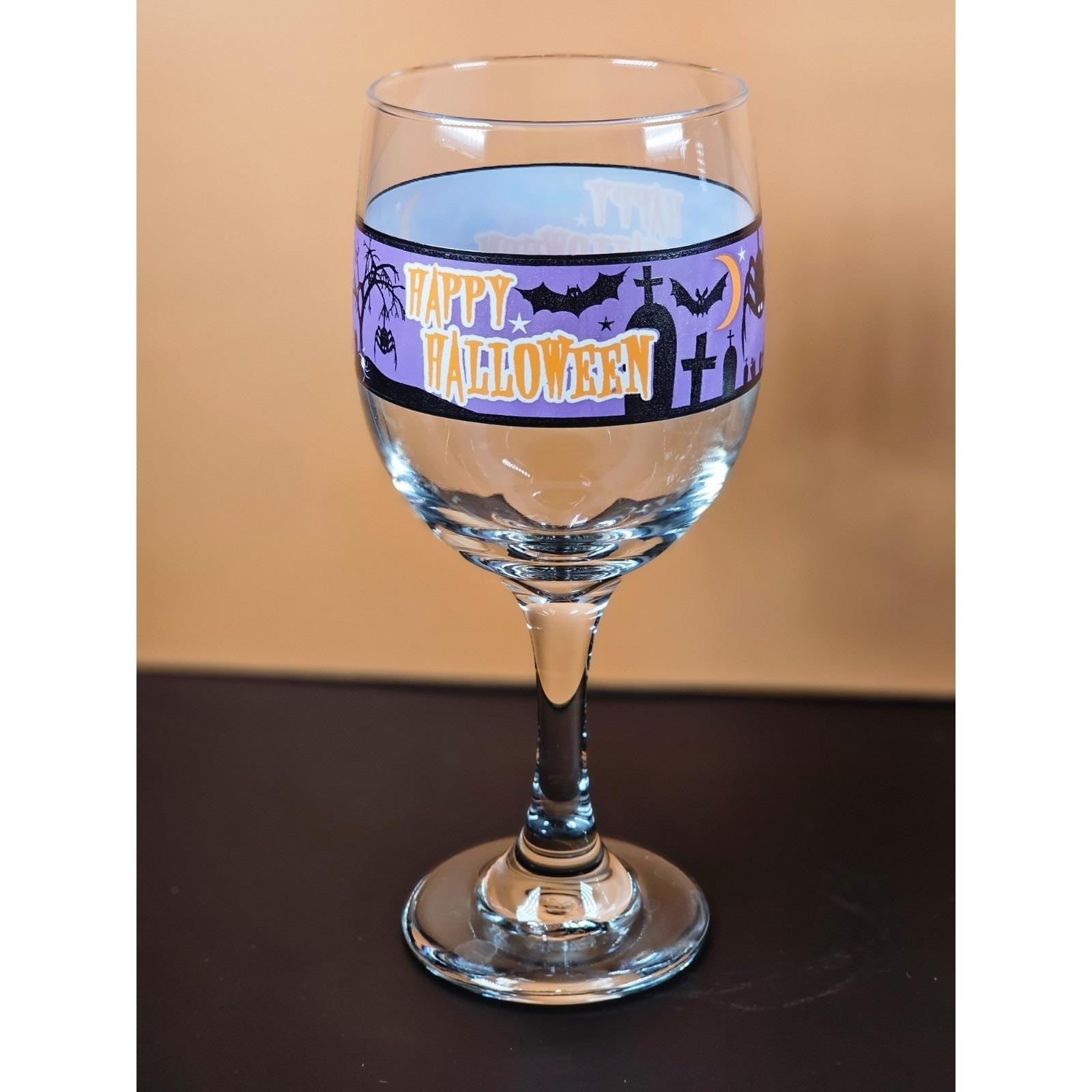 Vintage Halloween Wine Glass with Purple Spooky Silhouette Band