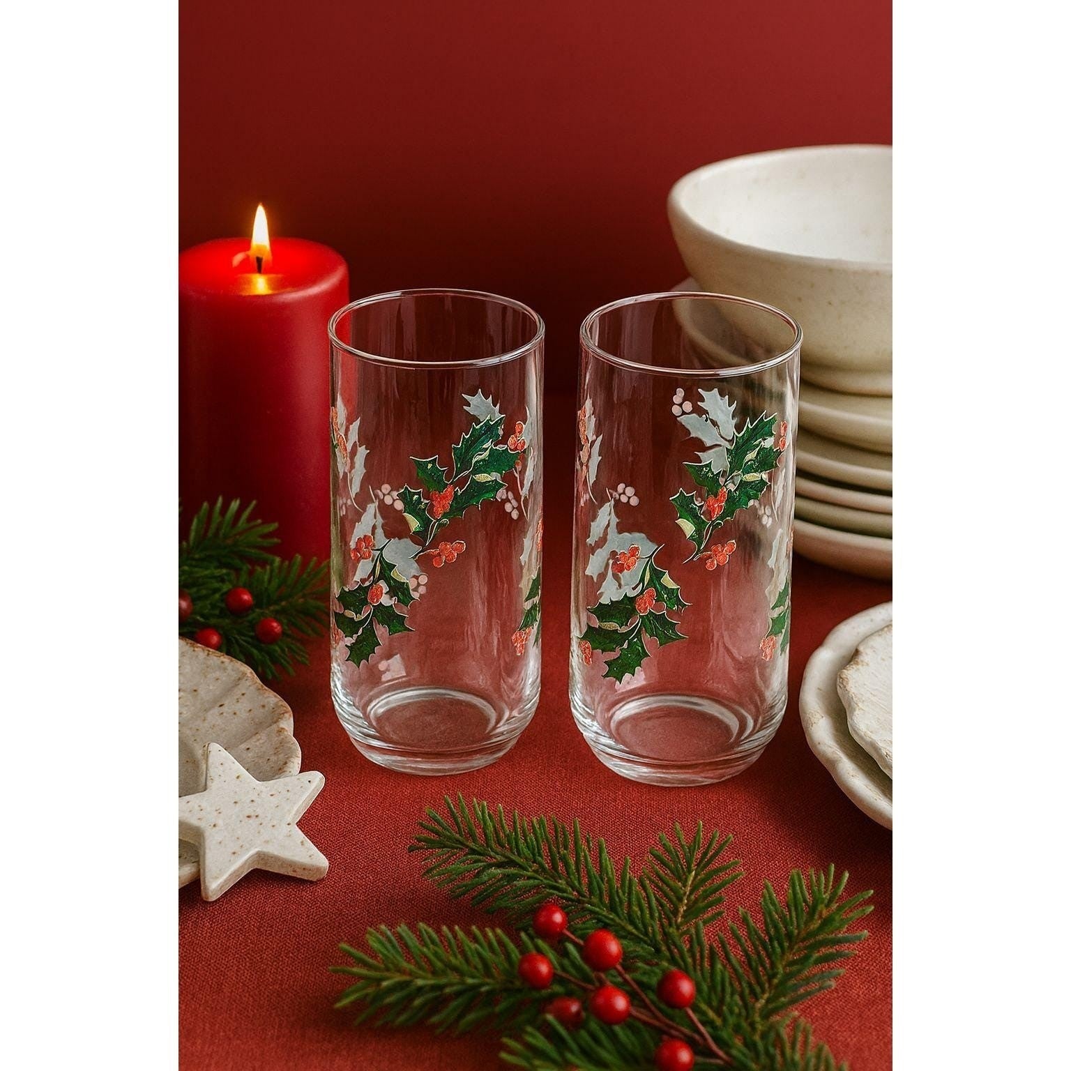Vintage Indiana Glass Christmas Holly Tumblers Set of 2 Holiday Glasses