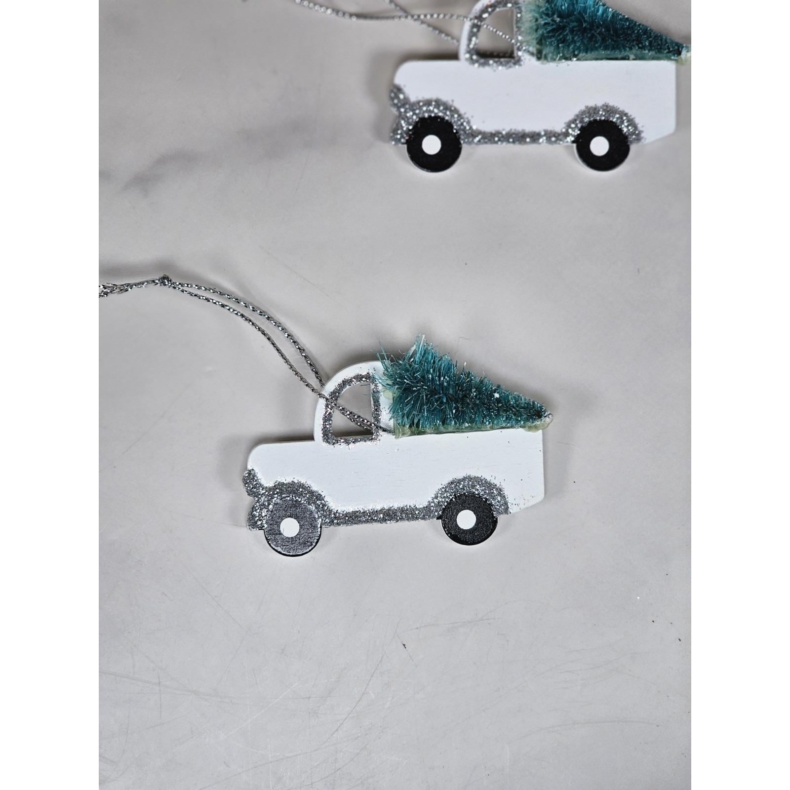 Set of 5 White Pickup Truck Christmas Ornaments with Tree Glitter Holiday Decor