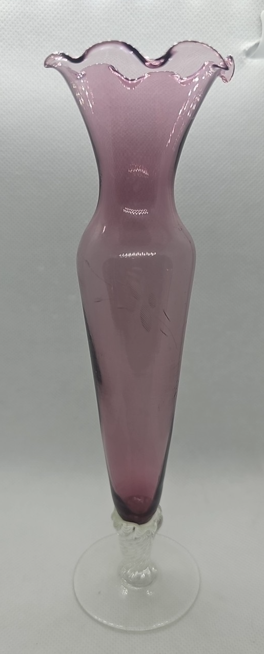 Amethyst Purple Etched Flower Bud Vase • Hand-Blown Glass • Ruffled Edge • 8″