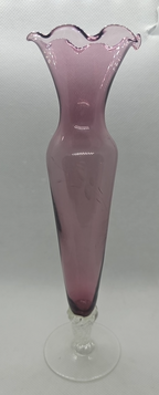 Amethyst Purple Etched Flower Bud Vase • Hand-Blown Glass • Ruffled Edge • 8″