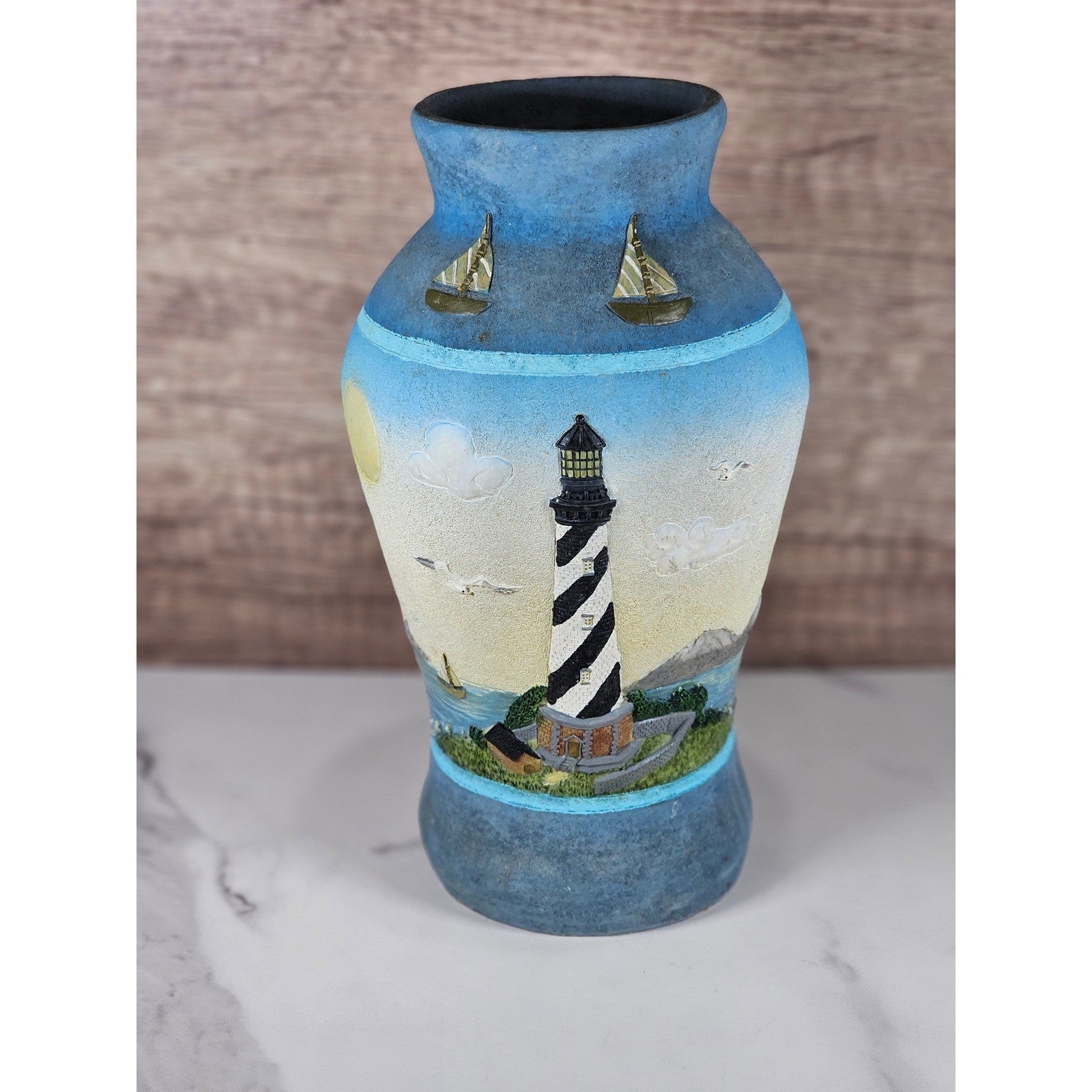 Vintage Coastal Lighthouse Resin Vase – Nautical Decor – Sailboat Relief Art