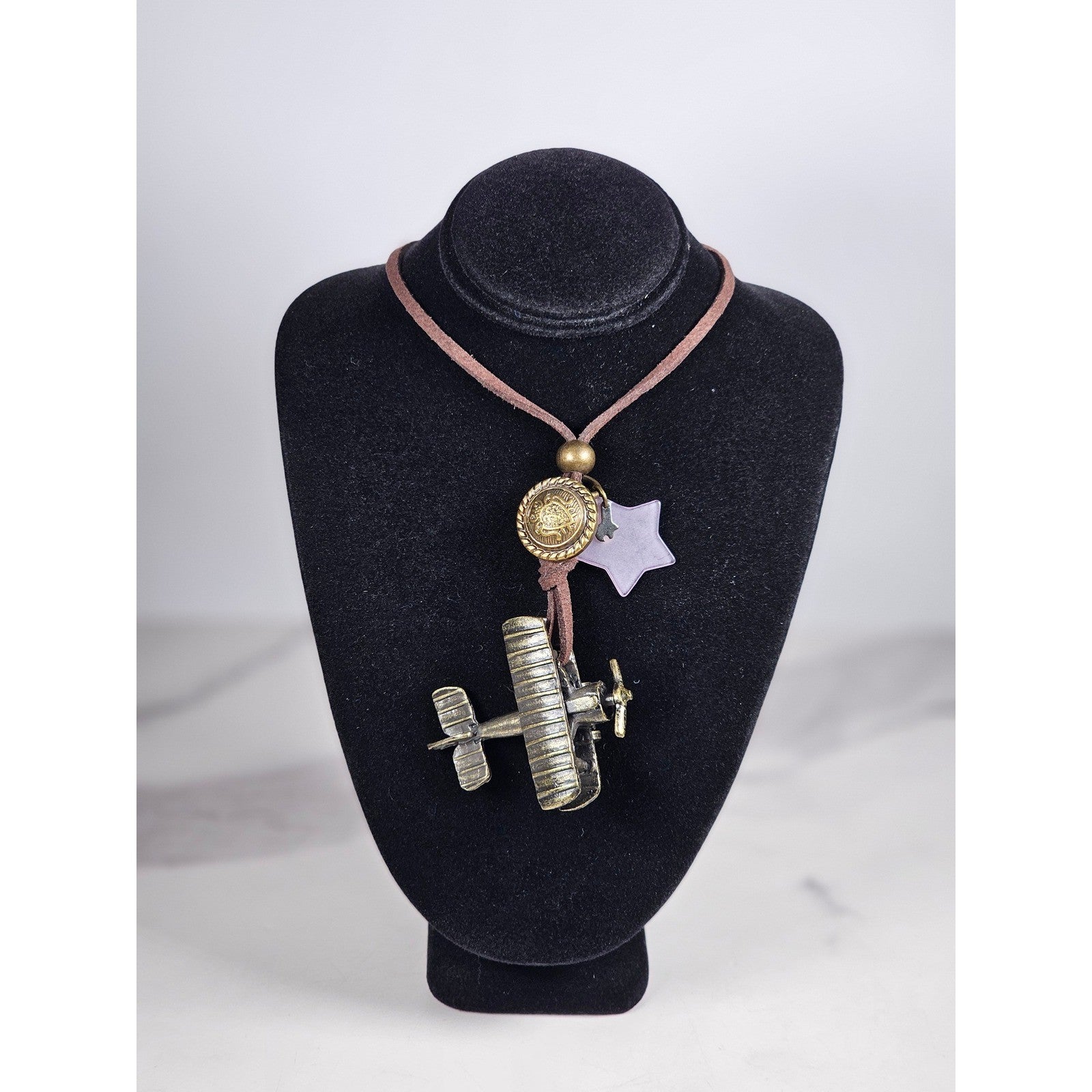 Vintage Airplane Pendant Necklace on Suede Cord with Star Charm