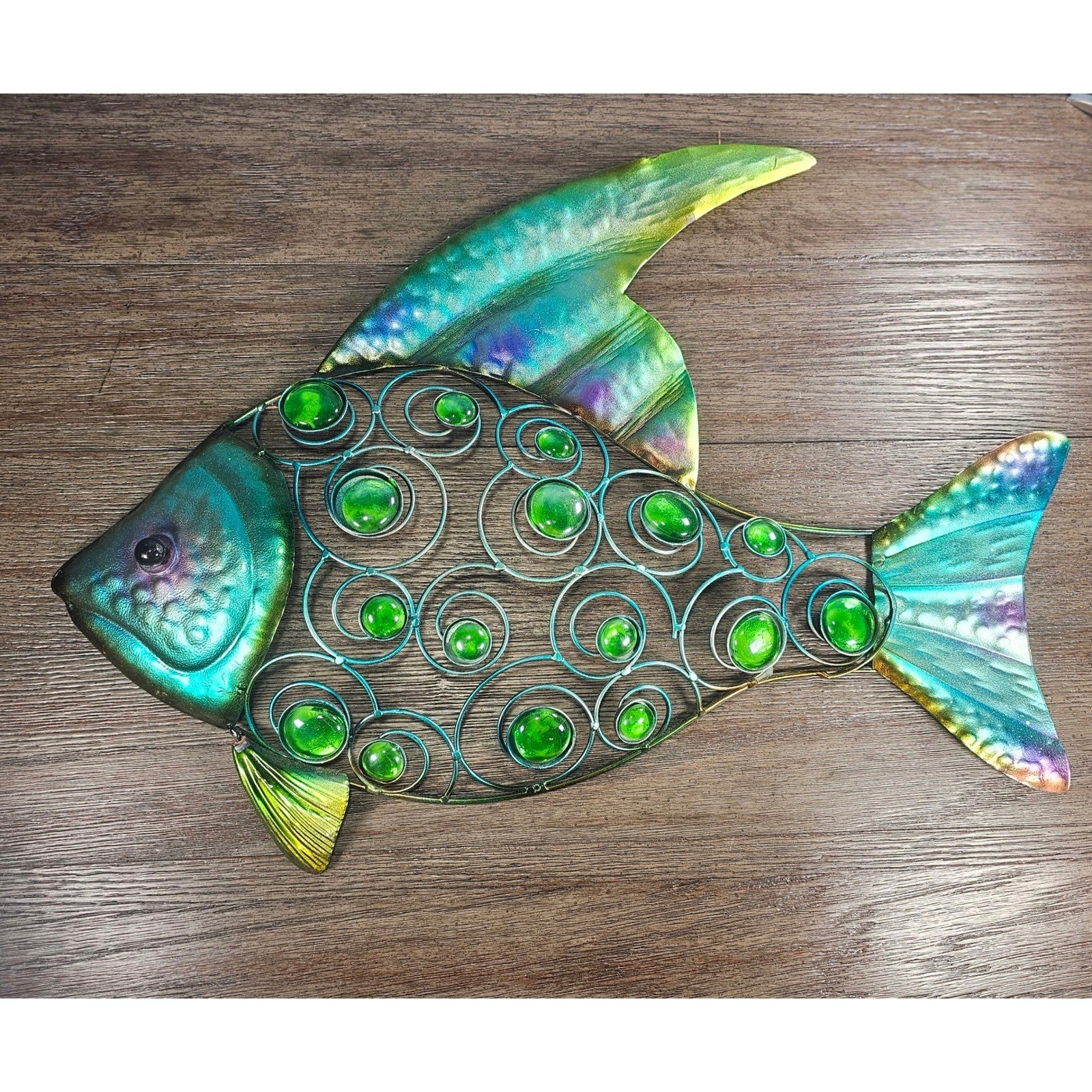 Vintage Metal Fish Wall Art Coastal Decor Green Glass Accents 20"