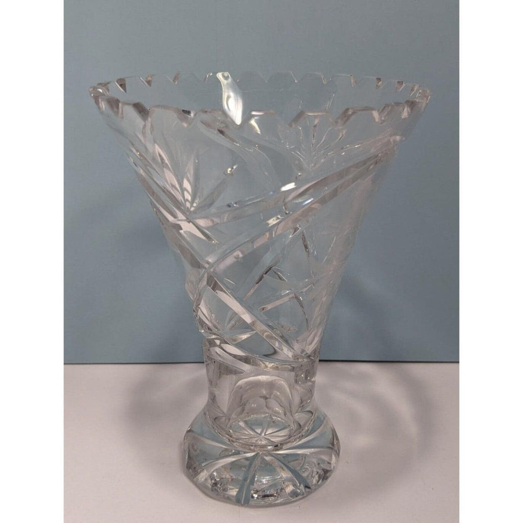Vintage Cut Crystal Trumpet Vase Starburst Pedestal Vase 7.5 Inch