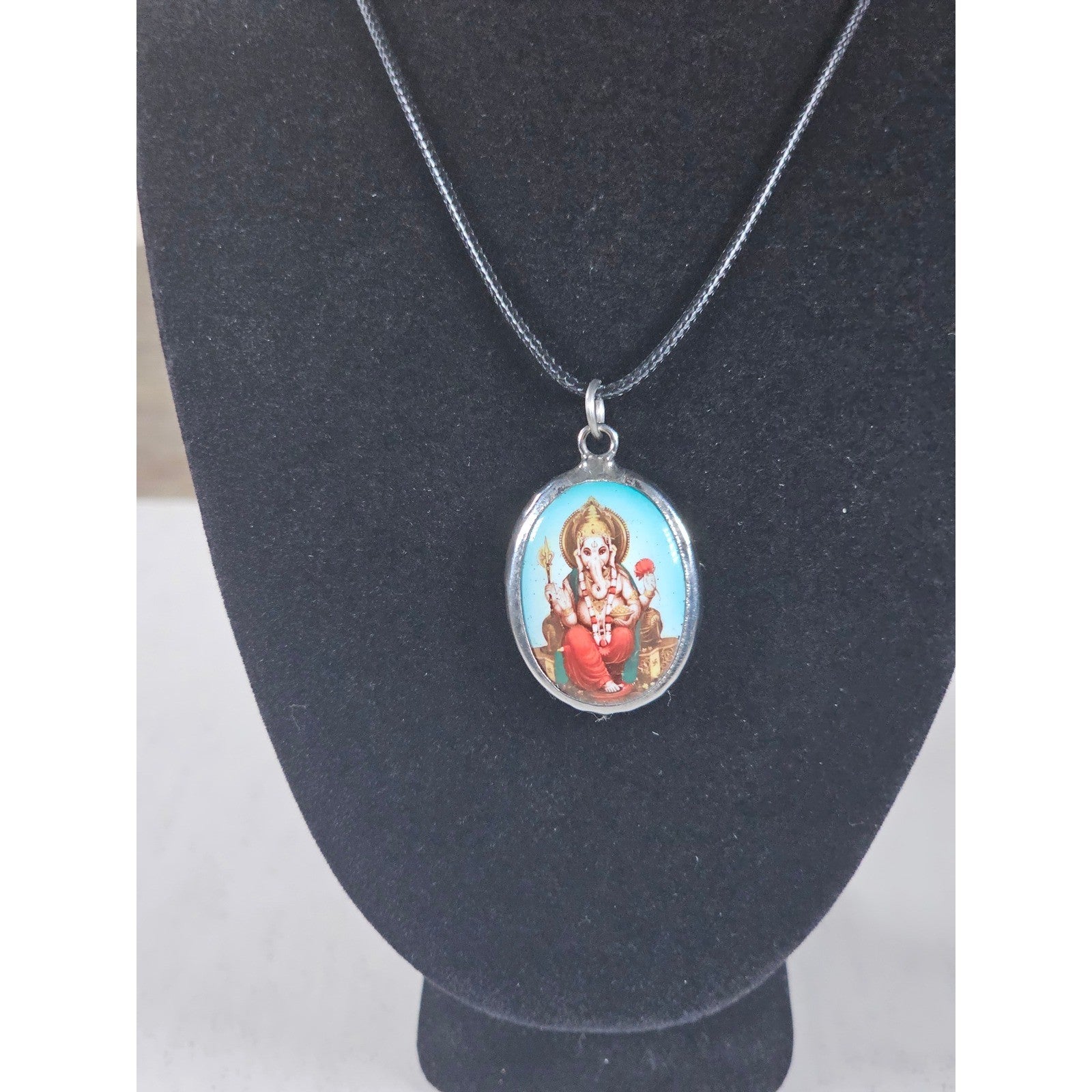 Vintage Ganesha Pendant Necklace Black Cord Hindu Deity Charm