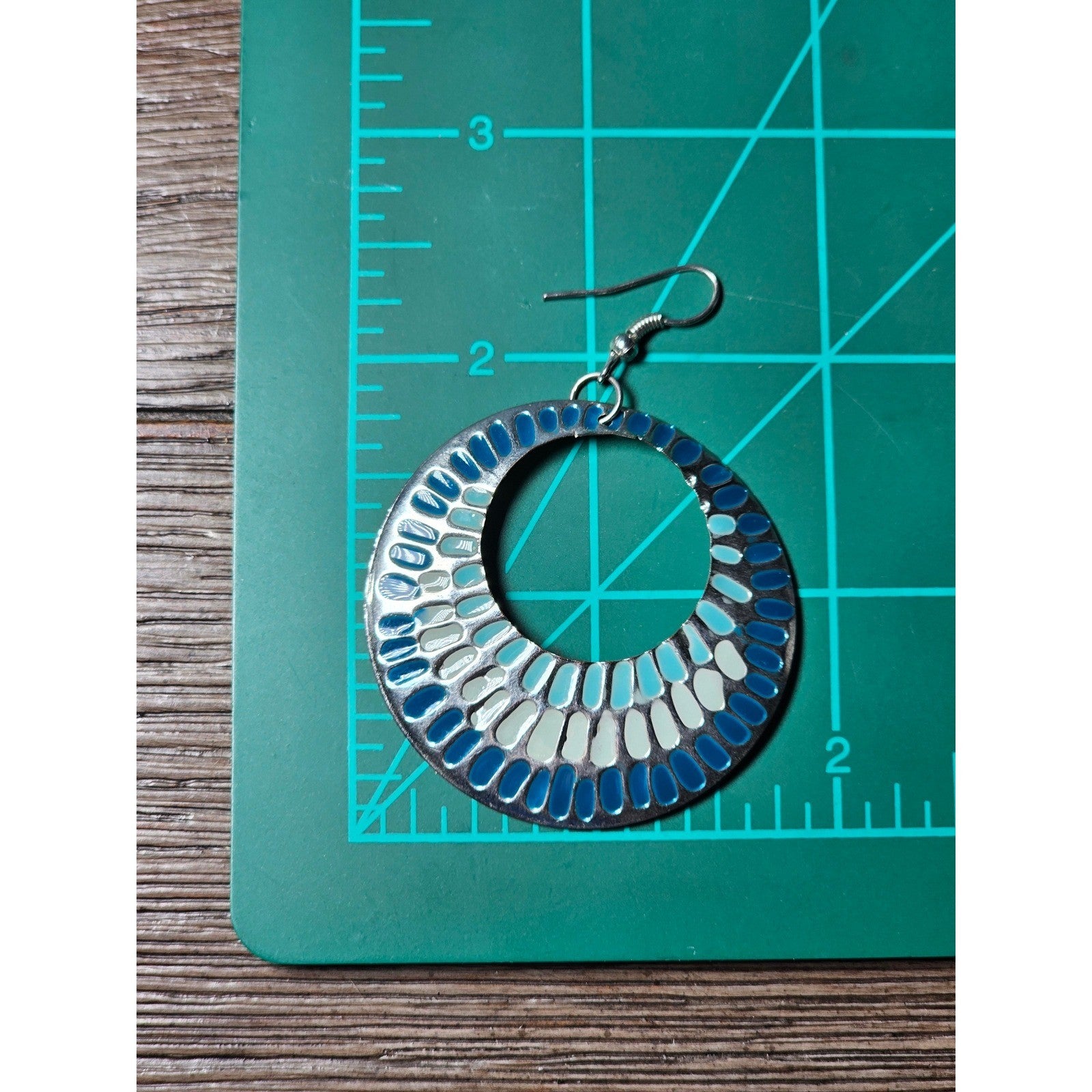 Vintage Blue & Silver Tone Textured Hoop Dangle Earrings