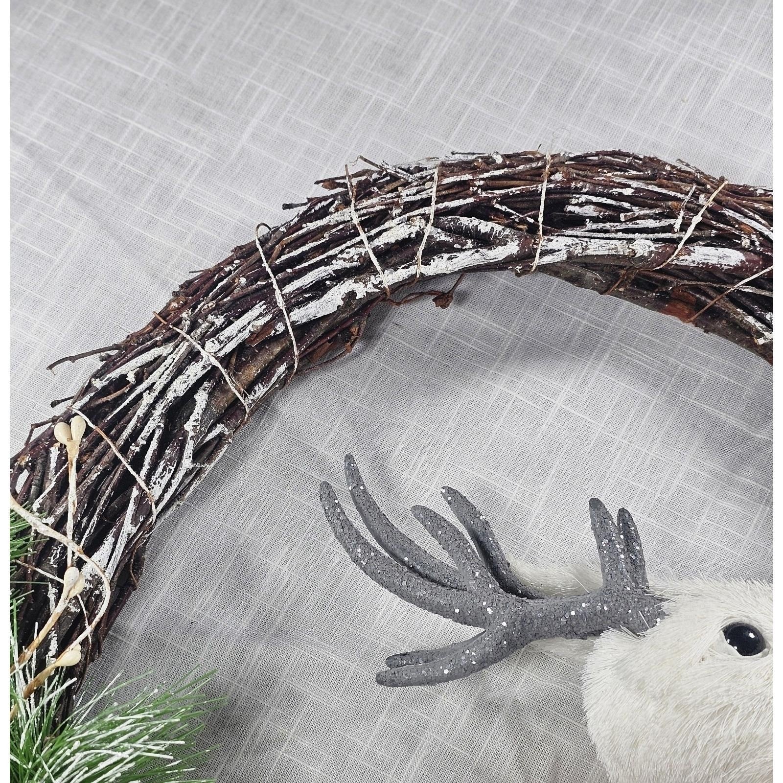 White Deer Christmas Wreath with Pinecones Greenery Snowflakes Rustic Holiday