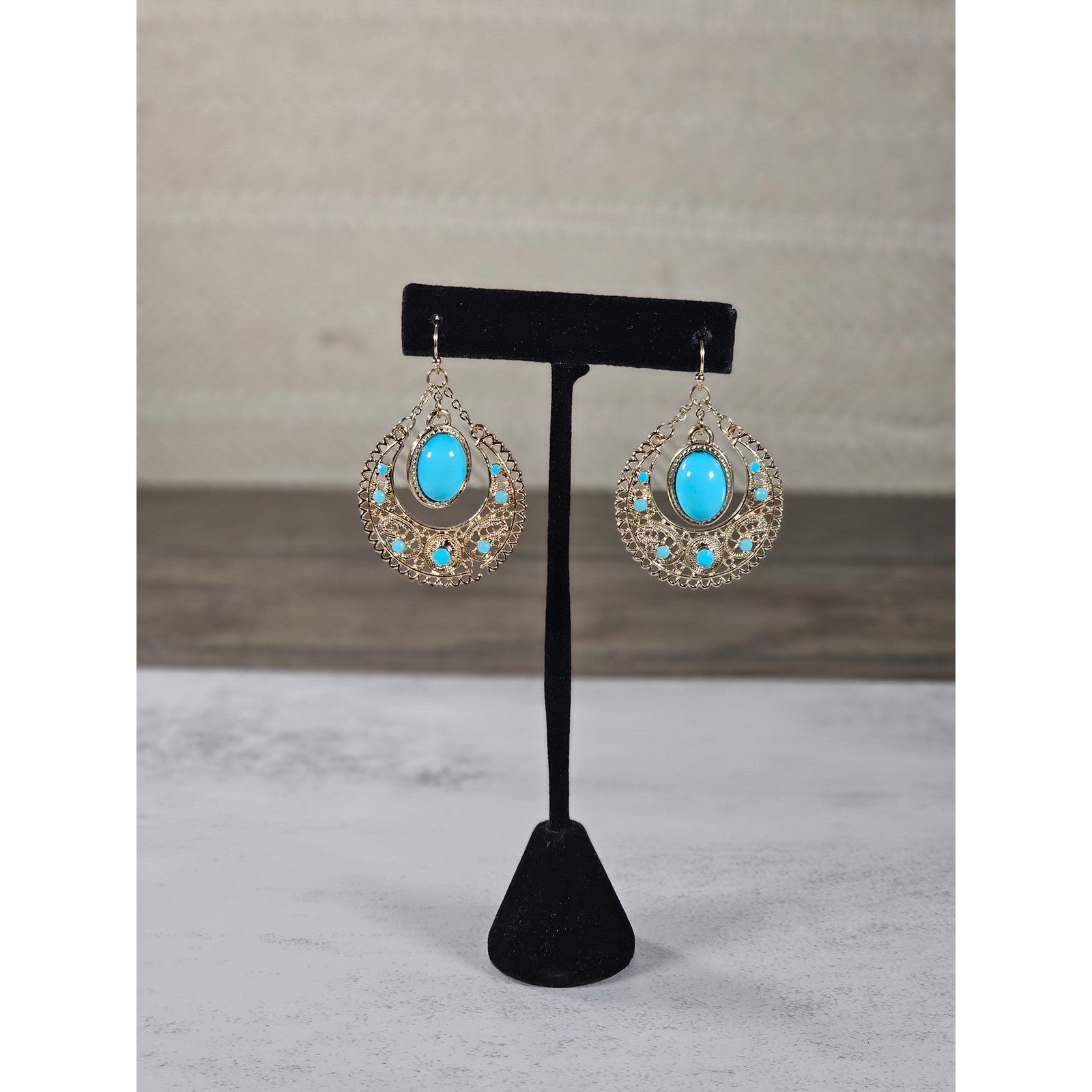 Vintage Gold Filigree Turquoise Drop Earrings Boho Statement